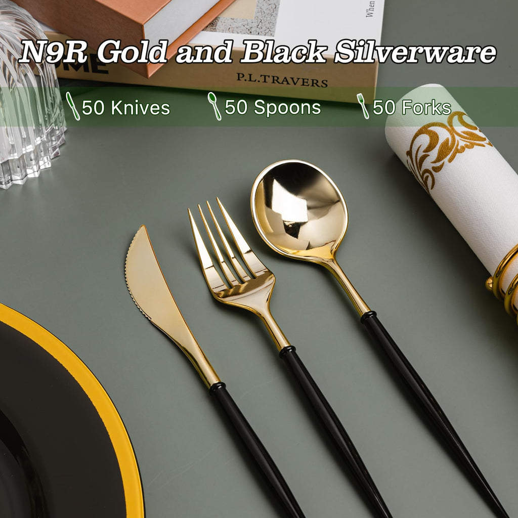 N9R 150PCS Black and Gold Plastic Silverware, Disposable Utensils & Cutlery