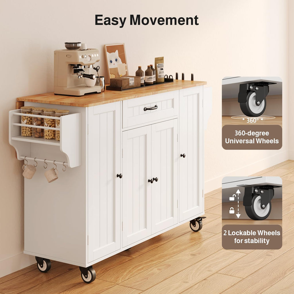 Ahomly 47.6" Kitchen Island with Storage, Drop Leaf, Knife Holder, White