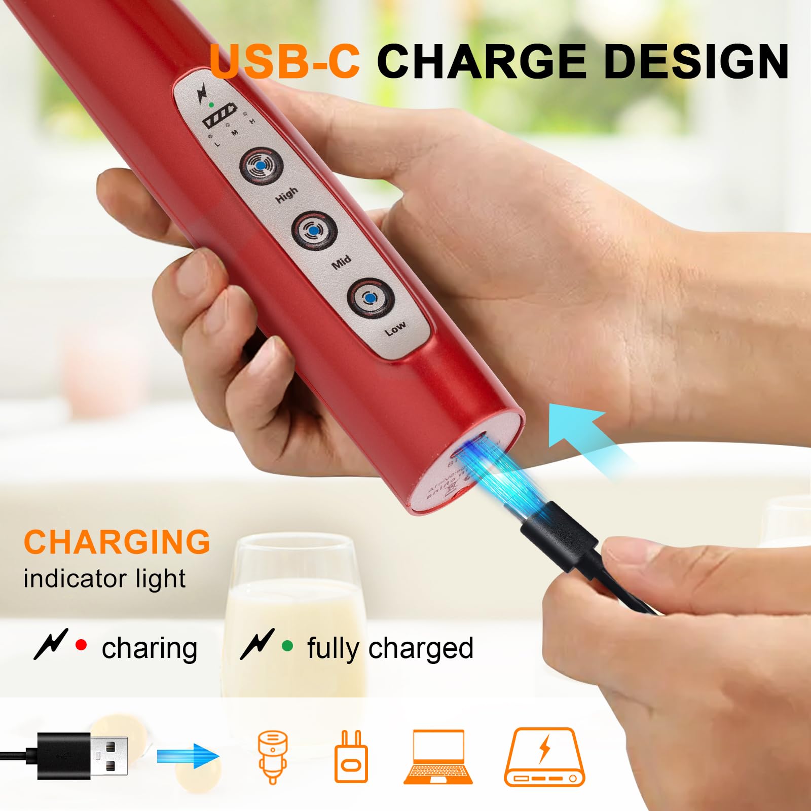 YUSWKO Handheld Milk Frother Wand for Coffee, Rechargeable Electric Whisk with 3 Heads 3 Speeds Drink Mixer Coffee Frother For Latte, Cappuccino, Hot Chocolate, Egg, Red