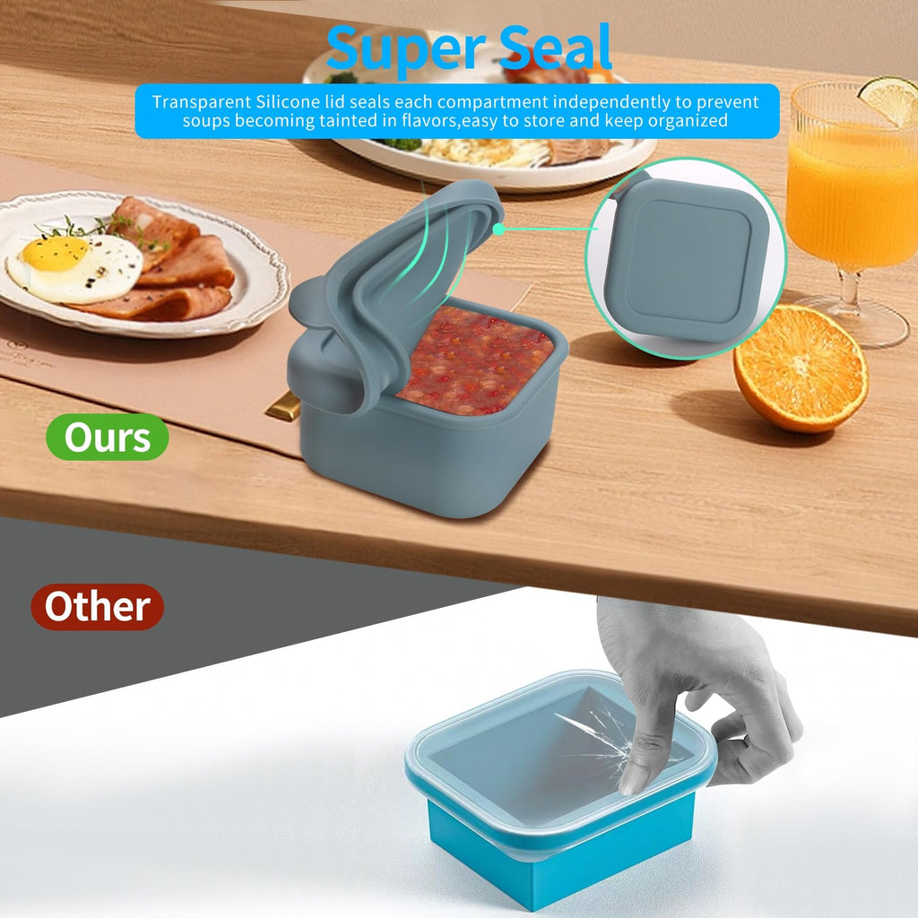BECOKIT 1/2 Cup Silicone Freezer Tray With Lid - Silicone Freezer Molds 4-Pack For meal prep & freezing of various sauces and other dishes, makes 4 perfect 1/2 cup portions cubes (Blue 4 Pack)