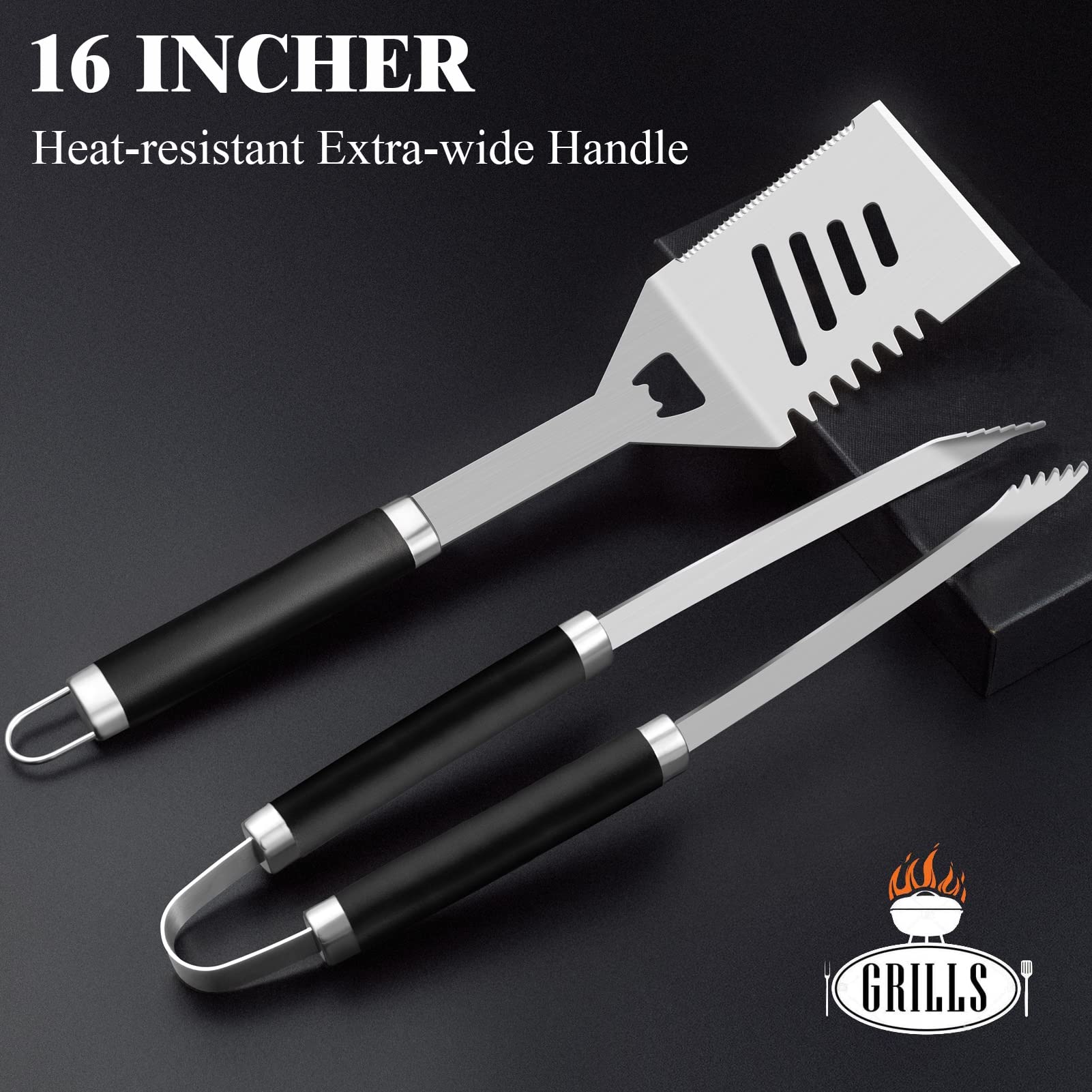 ROMANTICIST 26pcs Grilling Gifts for Men, Dad Gifts for Father's Day, Stainless Steel BBQ Grill Accessories Tools Set, Heavy Duty BBQ Utensils Kit with Apron, Thermometer, Mats in Aluminum Case Black