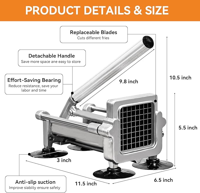 Commercial French Fry Cutter Stainless Steel.Potato Cutter for French Fries with 1/4 and 3/8Inch Blade, Commercial French Fry Cutter Manual Potatoes Cutting Machine with Suction Feet.