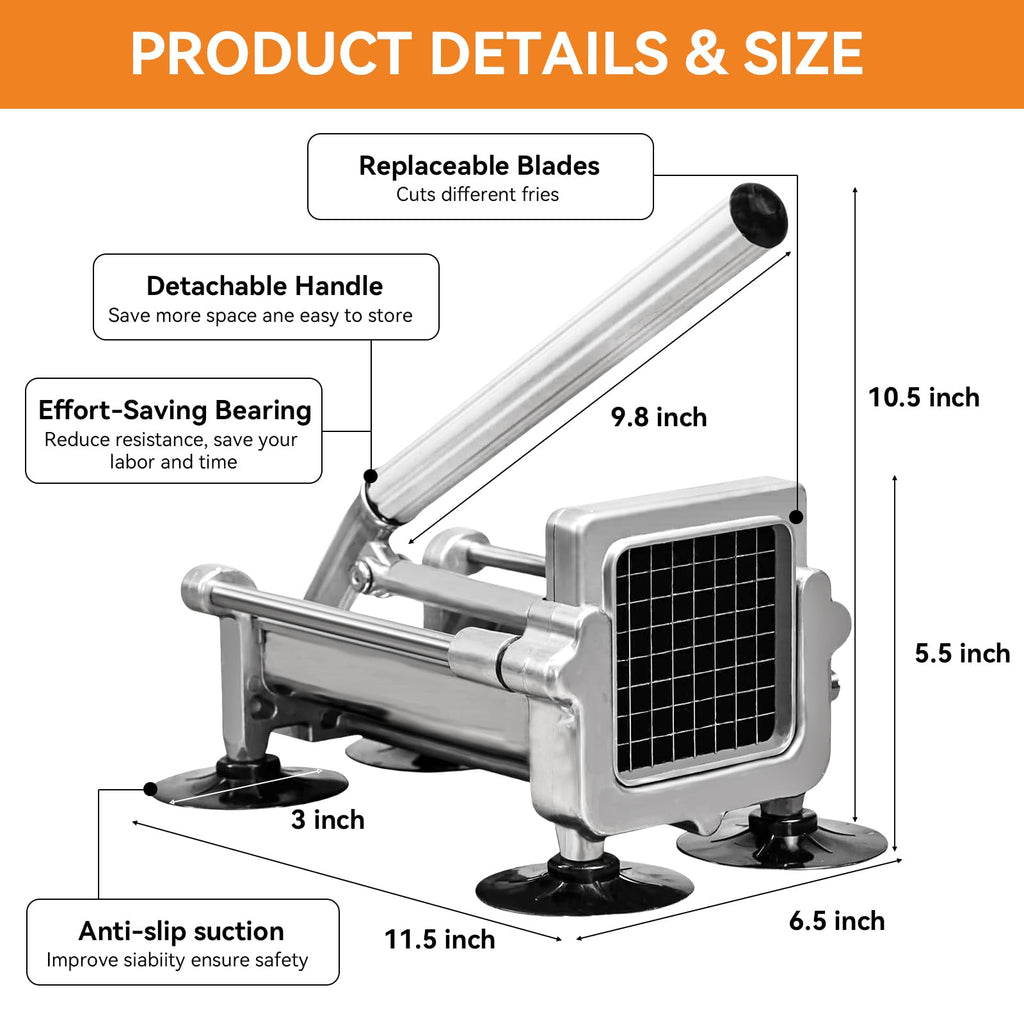 MYTASUY Commercial French Fry Cutter Stainless Steel.Potato Cutter for French Fries with 3/8Inch Blade, Commercial French Fry Cutter Manual Potatoes Cutting Machine with Suction Feet.