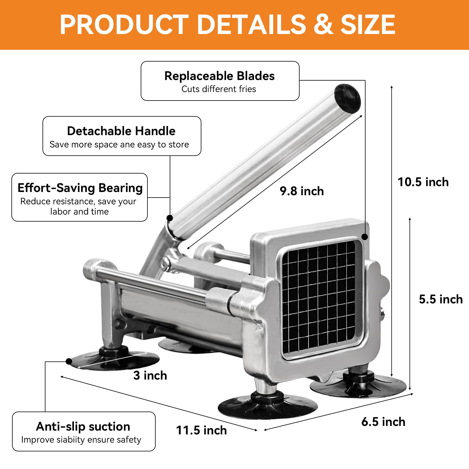 MYTASUY Commercial French Fry Cutter Stainless Steel.Potato Cutter for French Fries with 3/8Inch Blade, Commercial French Fry Cutter Manual Potatoes Cutting Machine with Suction Feet.