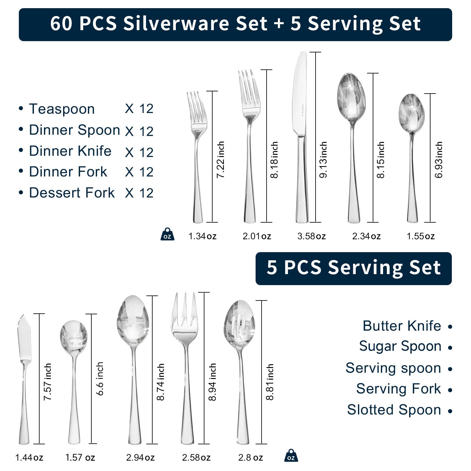 65 Piece Silverware Set for 12 with Serving Utensils, 18/10 Stainless Steel