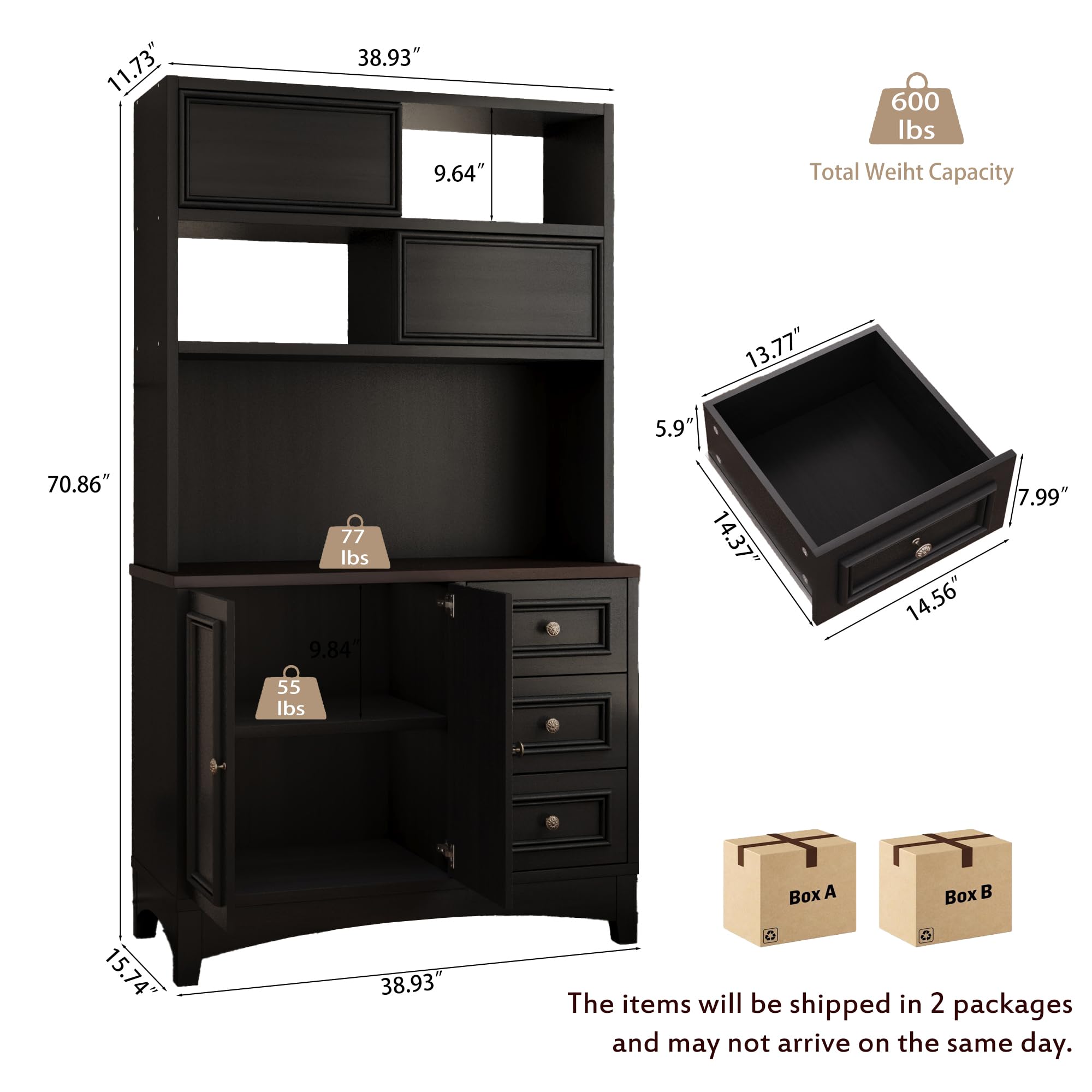 BOSHIRO 71" Black Pantry Cabinet with Charging Station, 4-Type Storage & Anti-Tip Design, Kitchen Cabinet with Sliding Door/Adjustable Shelves