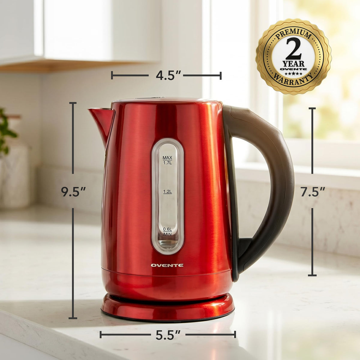 OVENTE Stainless Steel Electric Kettle with 5 Preset Settings, Red KS58R