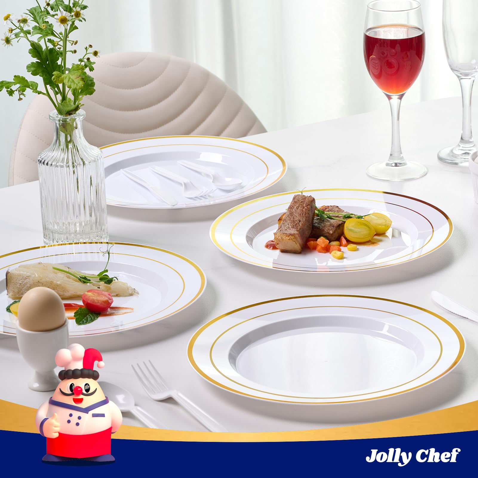 JOLLY CHEF 100 Pieces Gold Plastic Plates, 10 Inch Elegant Disposable Dinner White with Gold Rim, Disposable Plastic Plates for Christmas, Birthdays and Weddings