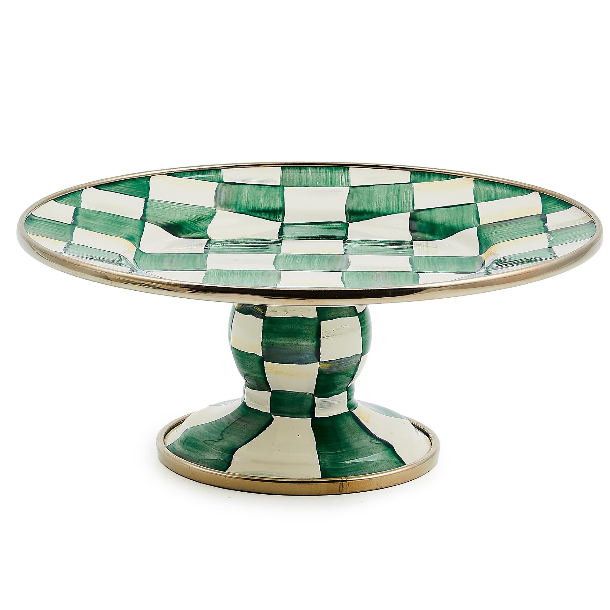 MACKENZIE-CHILDS Pedestal Platter, Mini, Green-and-White Emerald Check
