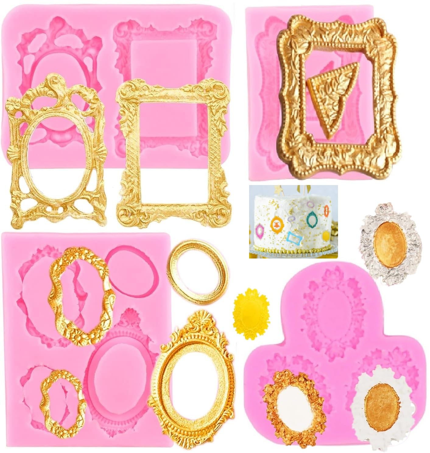 Photo Frame Fondant Molds Picture Frames Chocolate Silicone Mold Vintage Frame Molds for Cake Pop Puck Decorating Cupcake Topper Candy Polymer Clay