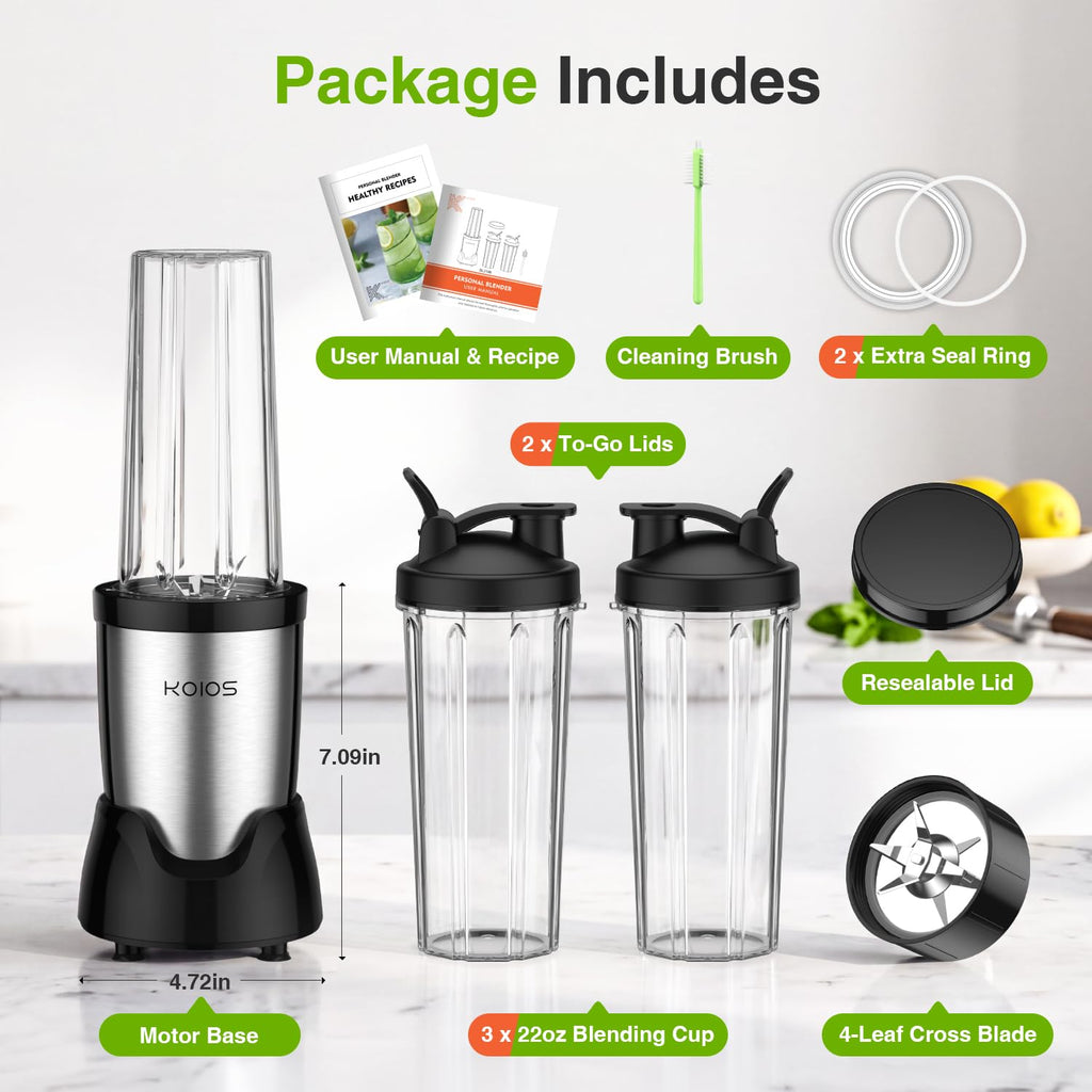 KOIOS Personal Blender for Smoothies with 3 x 22oz To-go Cups, BL319B Black