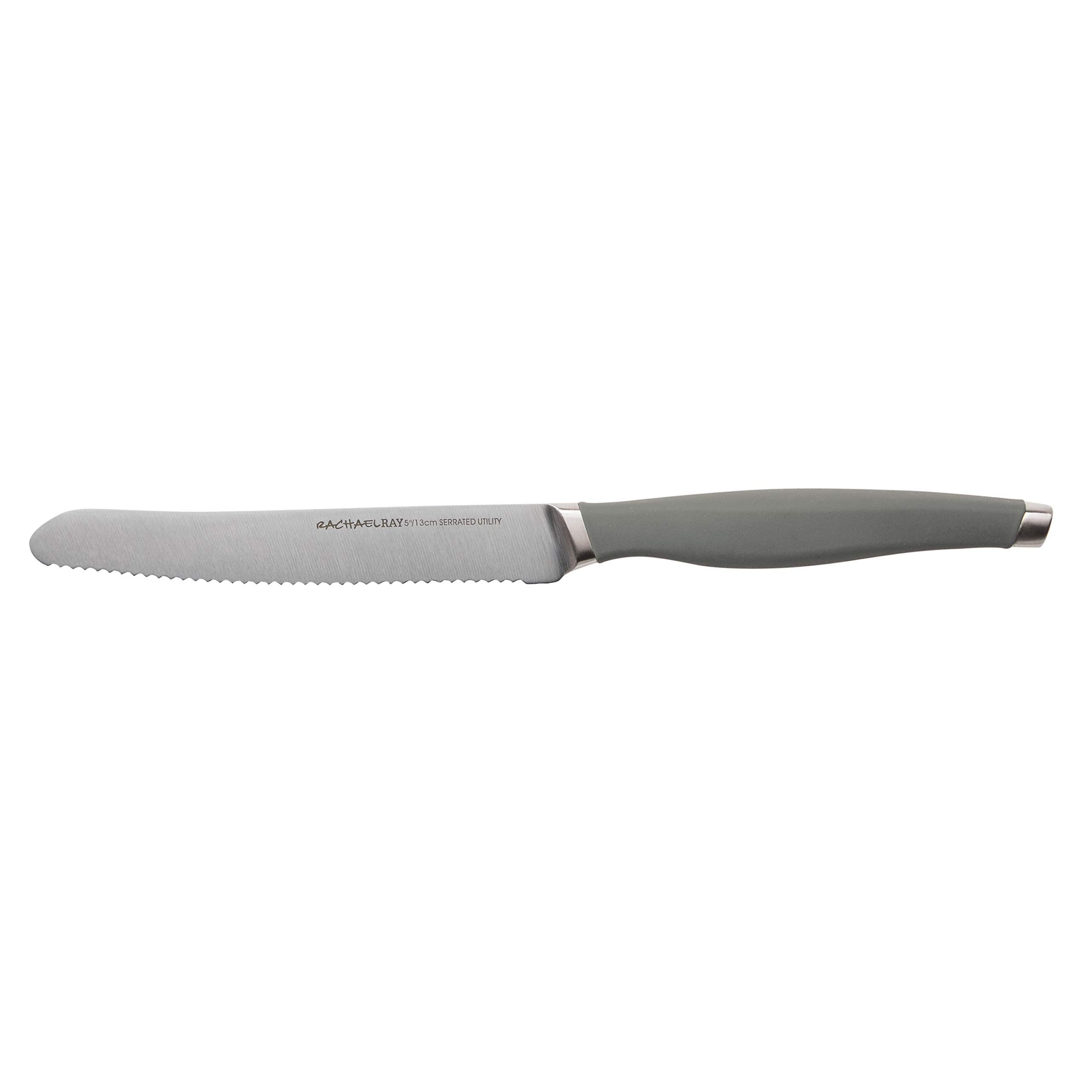 Rachael Ray Cutlery Japanese Stainless Steel Knives Set with Sheaths, 6-Inch Utility Knife and 5-Inch Serrated Utility Knife, Gray