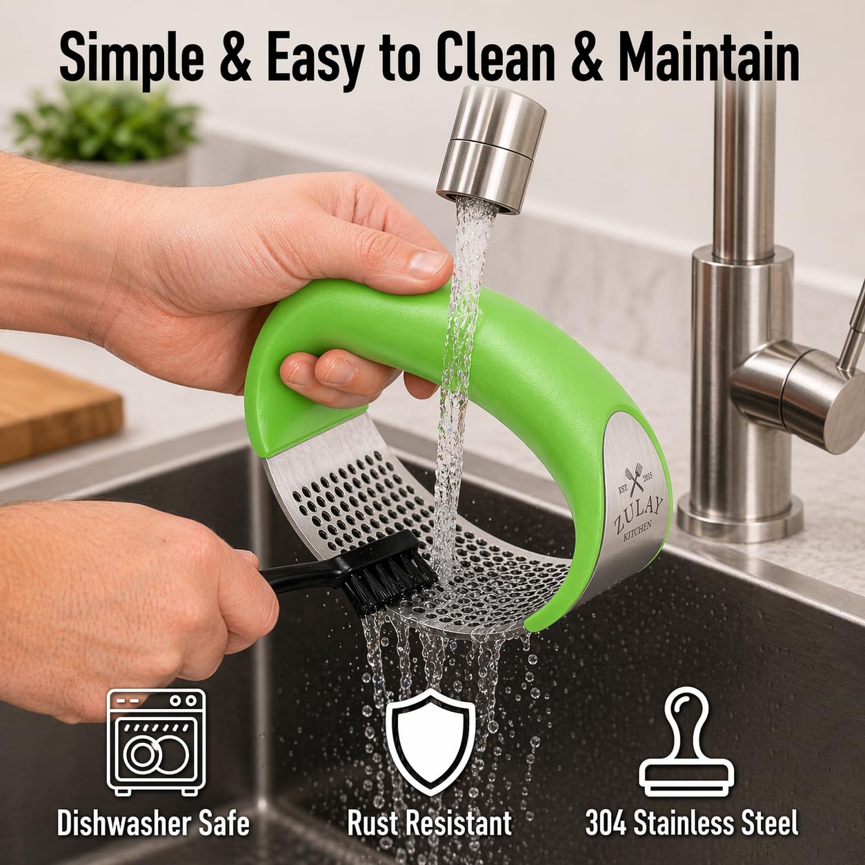 Zulay Kitchen Stainless Steel Garlic Press Rocker Set - Premium Garlic Mincer Garlic Crusher - New Innovative Garlic Crusher with Peeler and Scraper - Comfortable Grip (Green)