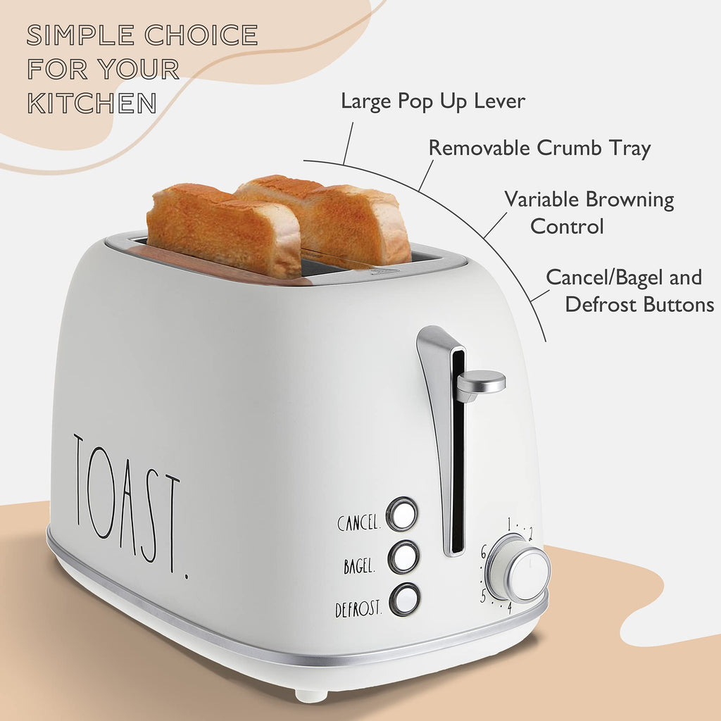 Rae Dunn Retro Rounded Bread Toaster, 2 Slice Stainless Steel Toaster with Removable Crumb Tray, Wide Slot with 6 Browning Levels, Bagel, Defrost and Cancel Options, Cream
