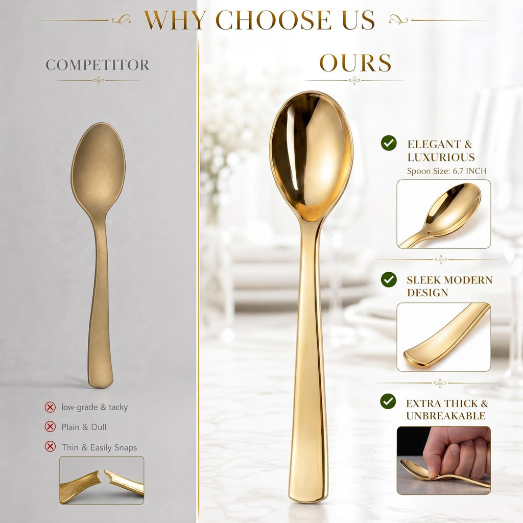 Liacere 360Pcs Plastic Spoons - 6.7 inch Heavy Duty Plastic Spoons-Heavyweight Gold Disposable Spoons-Gold Silverware for Halloween &Chrismas And Daily Using & New Year