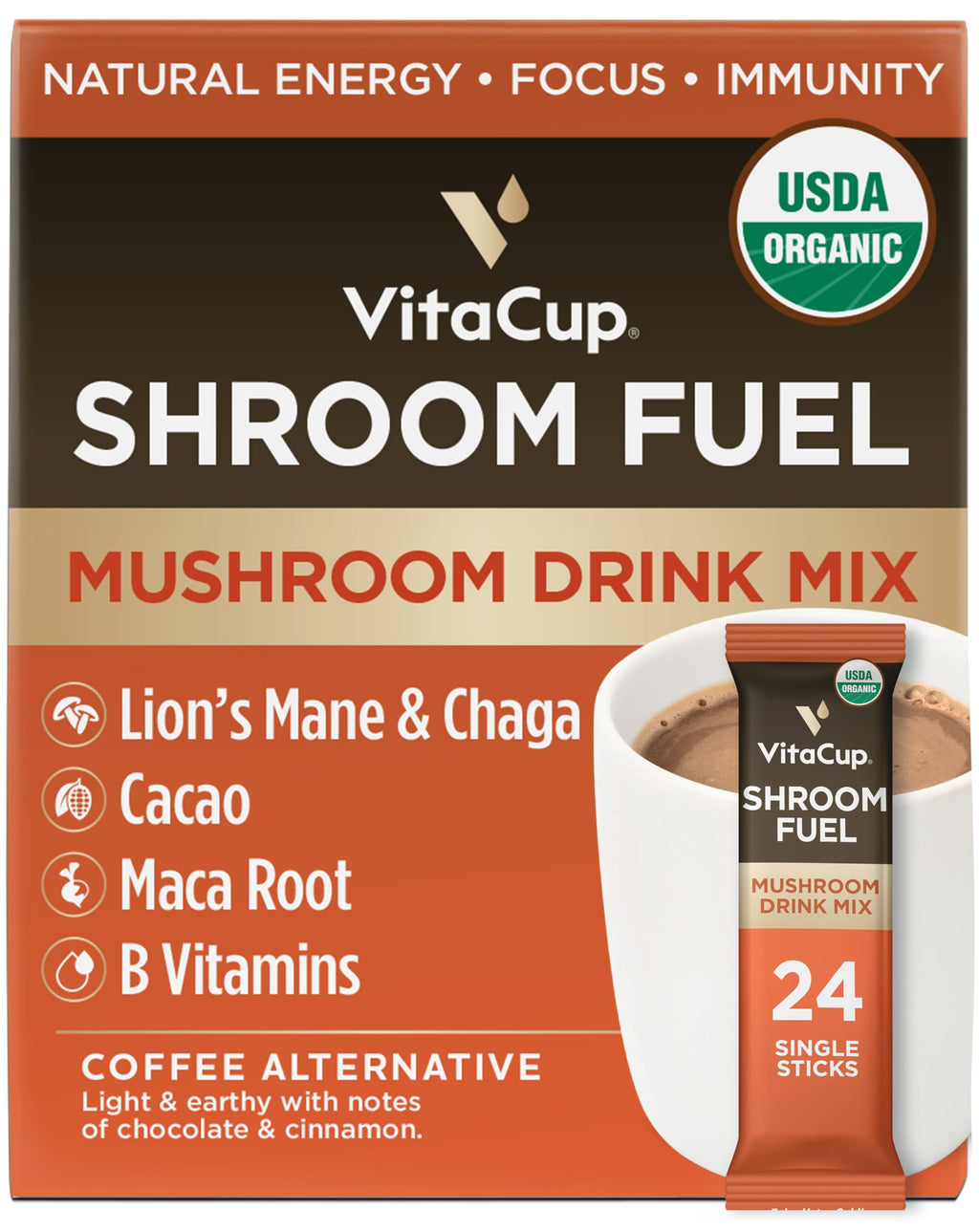 VitaCup Mushroom Based Instant Coffee Alternative Packets, 24ct