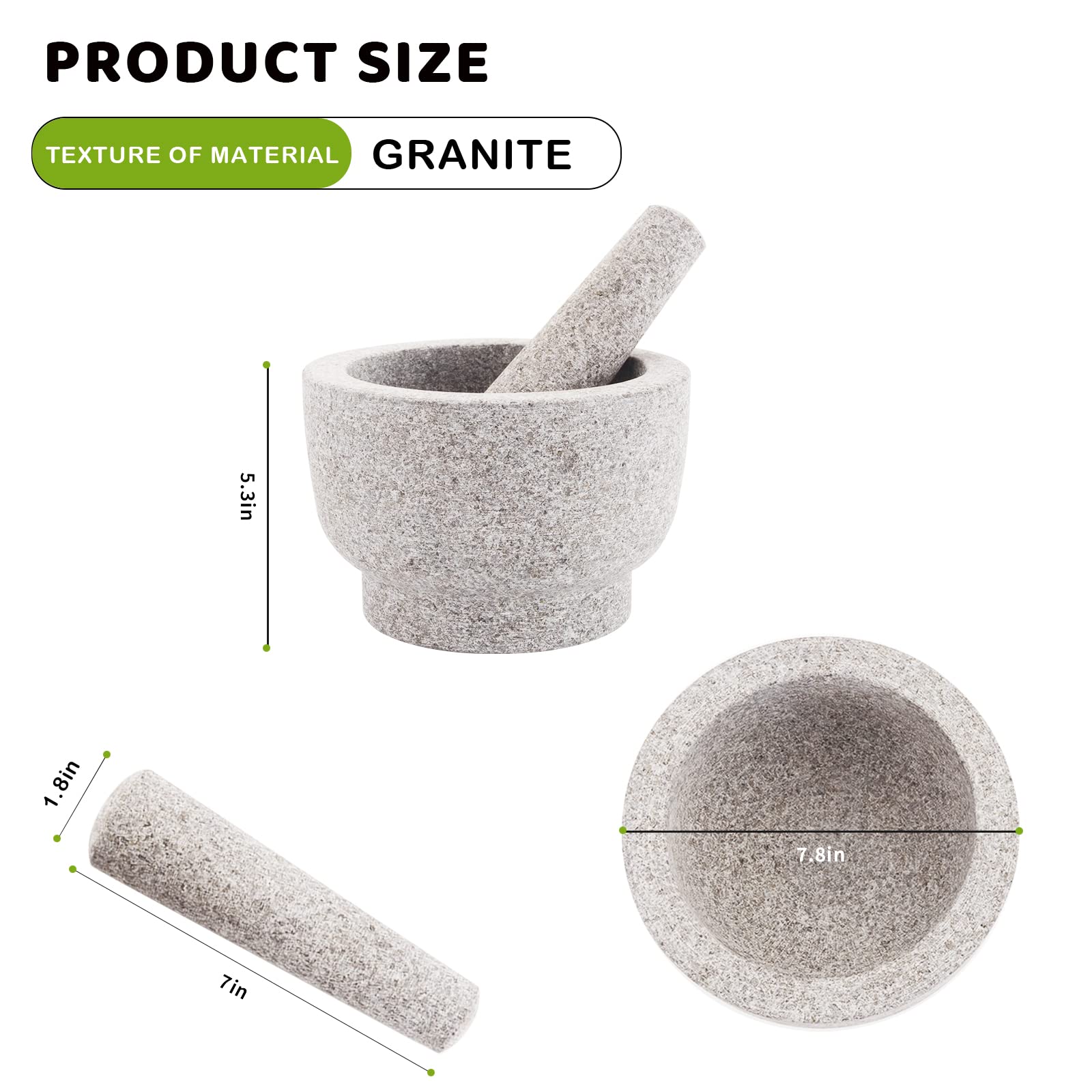 Comie Mortar and Pestle Set,Heavy Duty,Unpolished Granite,8Inch-5Cup Capacity,Grinder for Spices and Seeds,Grinding,Crushing and Mashing Spices,Nuts,for Guacamole,Garlic Sauce,Gray.