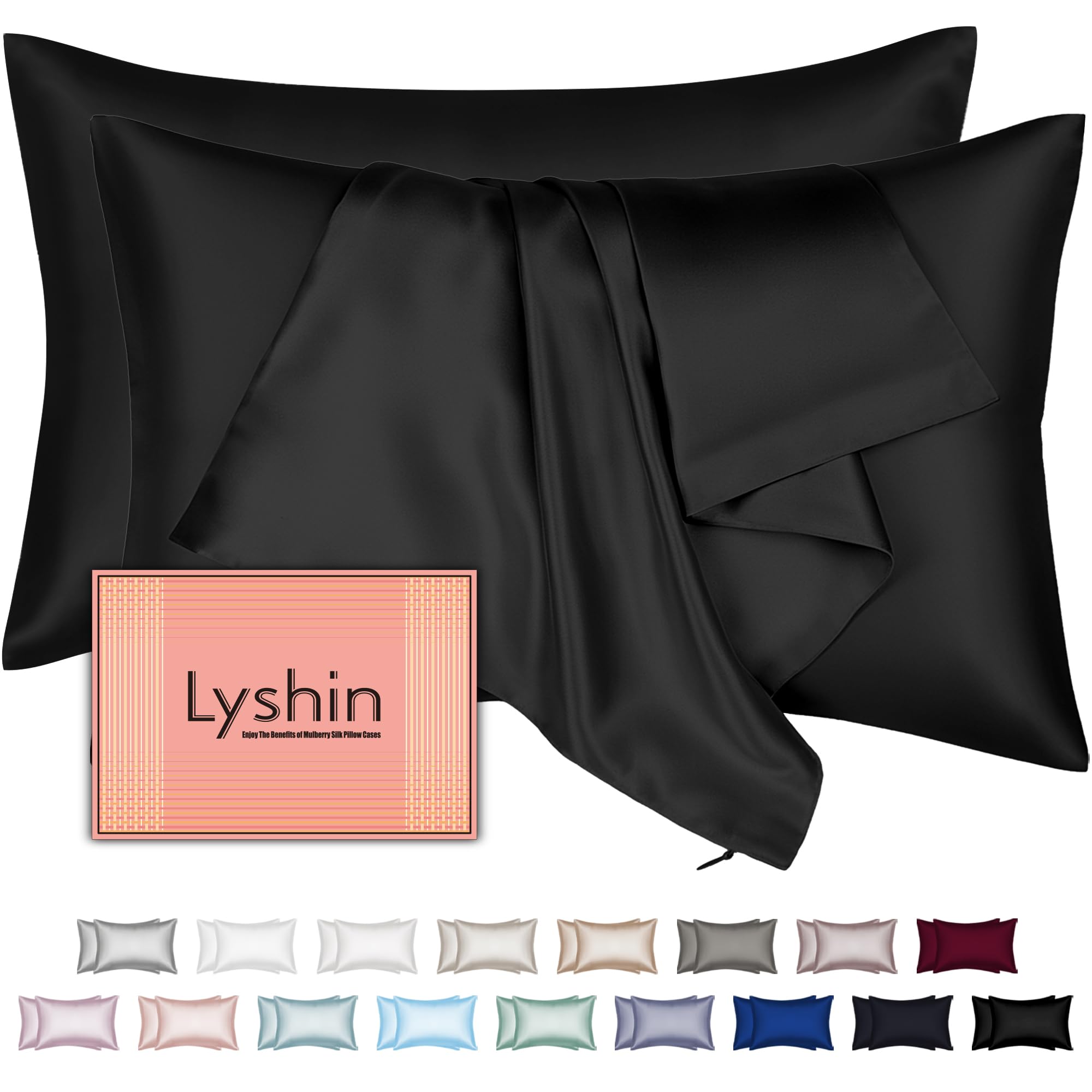 LYSHIN Black Silk Pillowcases 2 Pack King Size with Zipper