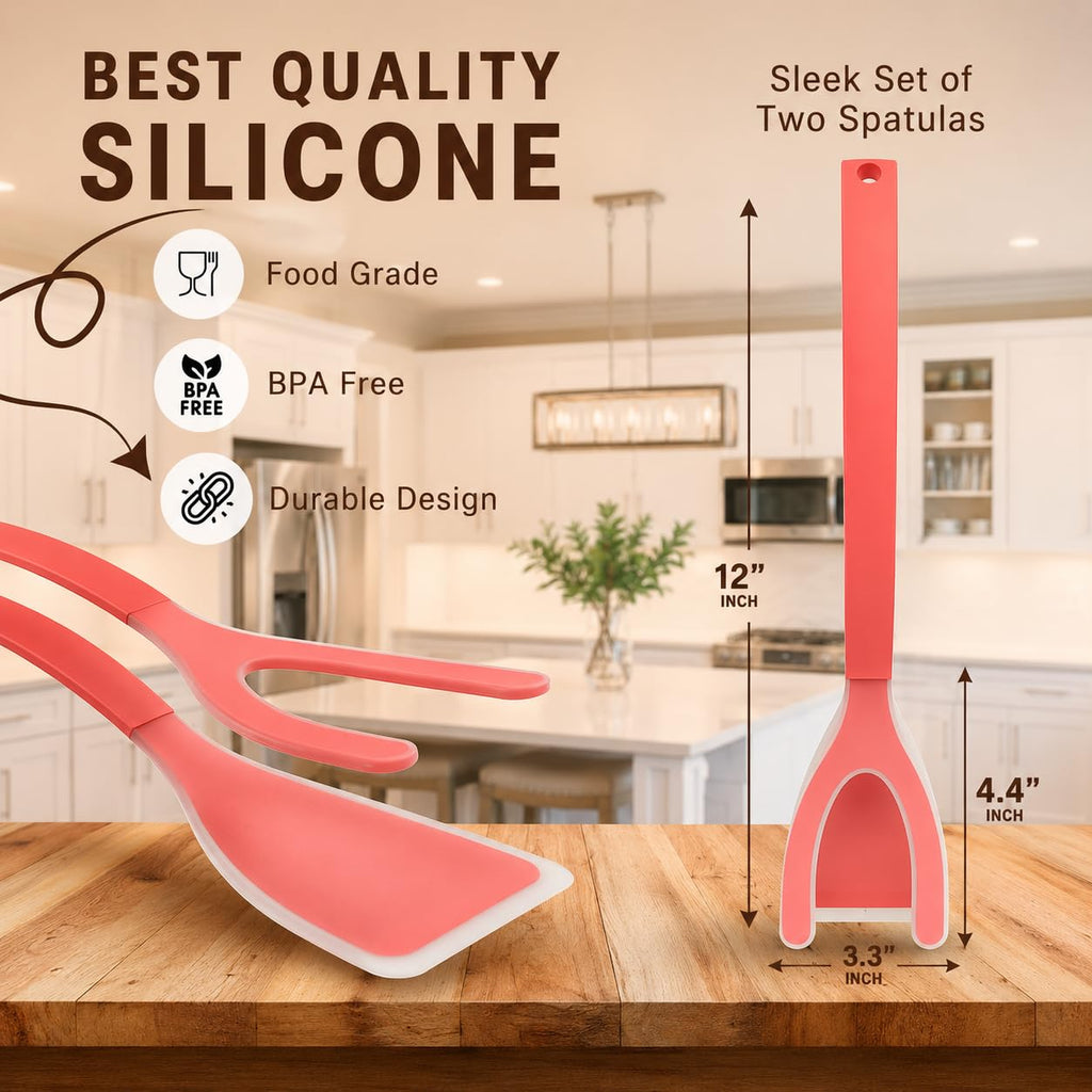 ZONZEST Silicone Egg Flipper Spatula Tongs (Set of 1) – Non-Stick 2-in-1 Grip & Flip Kitchen Tongs for Pancakes, Fish, Eggs, and More – Heat Resistant Cooking Tool (Pink)