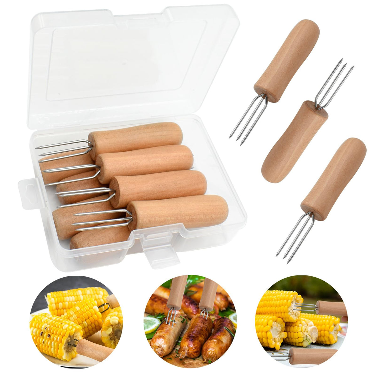 PEOUWNES Stainless Steel Corn Holders - 8 Pack with Wooden Handle, Perfect for Grilling, Roasting, and BBQ