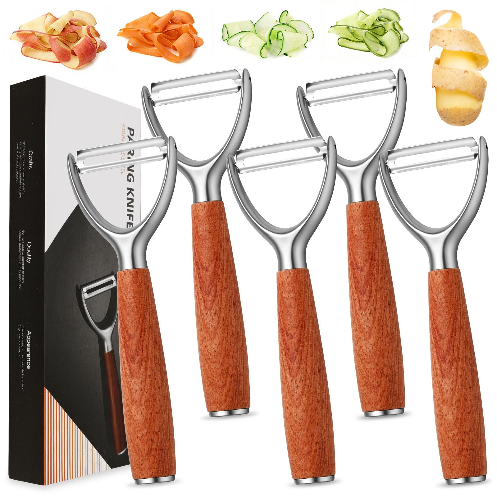 5Pc Kitchen Ultra Vegetable Peeler,Easy To Use Y-Peeler With All Wood Handle,Rotatable Blade,10 Year Rust Free Stainless Steel,Anti Slip Ergonomic Design,Suitable For Carrots, Fruits,Vegetables