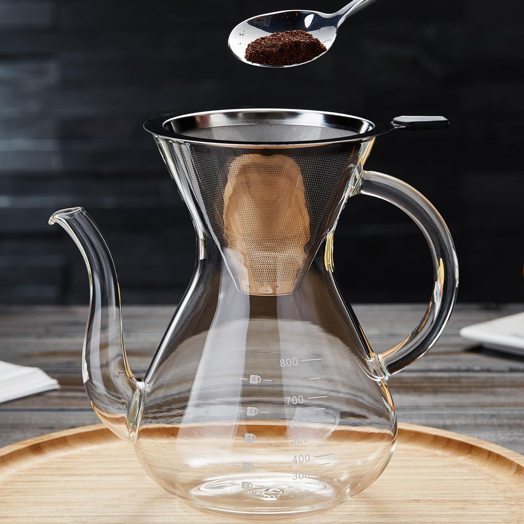 Unbreakable - Pour Over Coffee Maker with Double Stainless Filter 27 fl oz, Thickened Heat-Resistant Borosilicate Glass Pour Over Coffee Dripper, Stovetop Safe