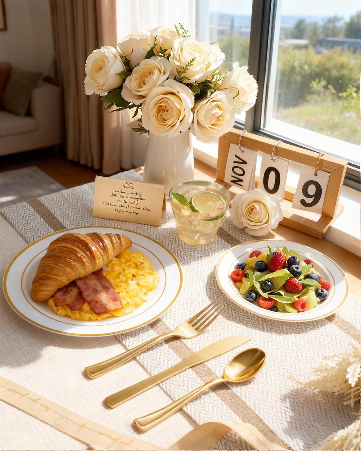 bUCLA 150PCS Gold Plastic Dinnerware Set Disposable - Heavy Duty Gold Plates Include 25 Dinner & 25 Dessert Plates,25 Forks,25 Knives,25 Spoons&25 Cups for Party&Wedding