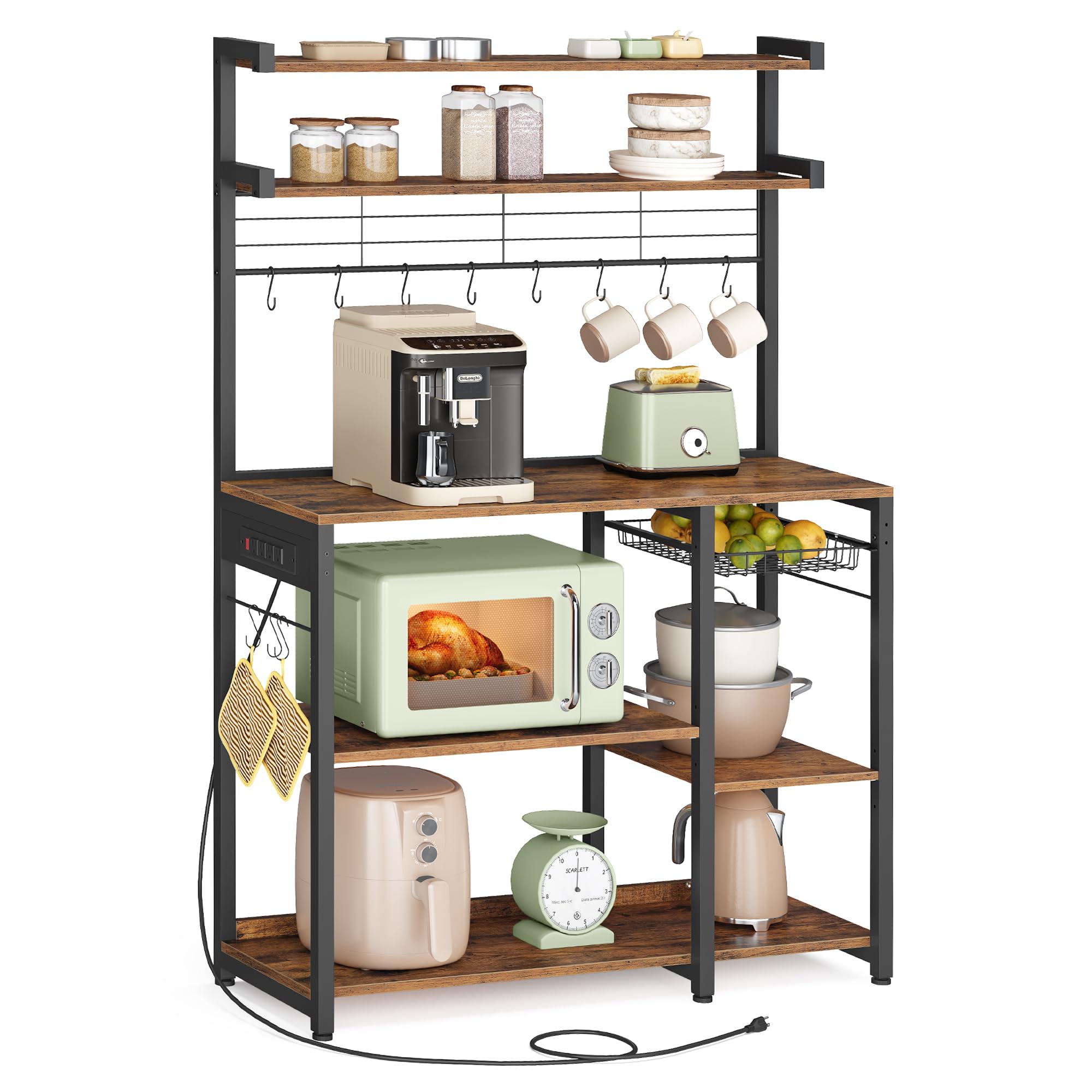 VASAGLE Bakers Rack with Power Outlet, 35.4 Inches Microwave Stand, Coffee Bar, 4 AC Outlets, with Adjustable Shelves, 8 S-Hooks, Basket, Spice Racks, Rustic Brown and Ink Black UKKS031K01
