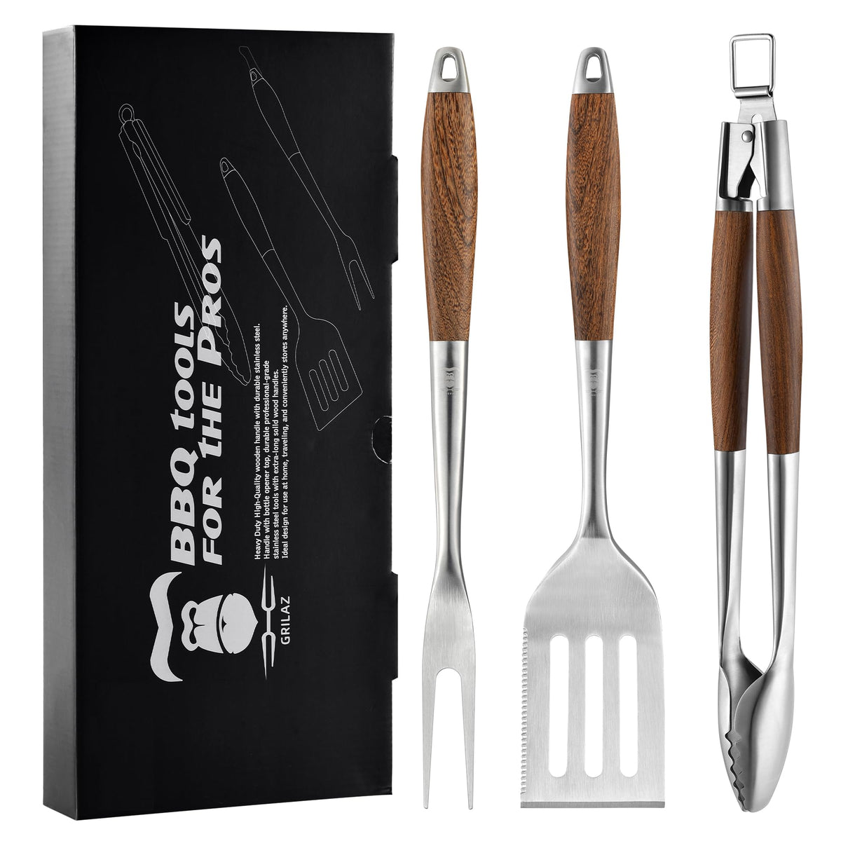 Heavy-Duty Panga-Panga BBQ Grilling Tools Set. Extra Thick Stainless Steel Multi-Function Spatula, Fork & Tongs | Essential Accessories for Barbecue & Grill. Ideal Gift for Father