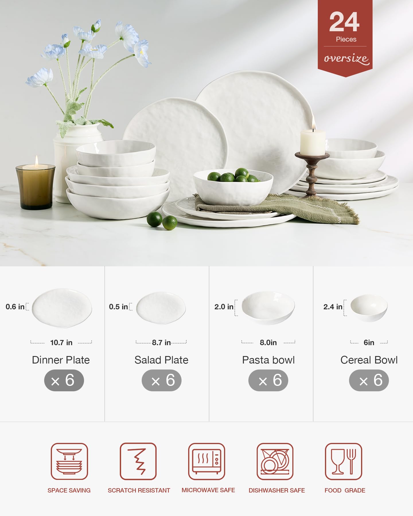 Famiware Porcelain Dinnerware Set for 6, 24-Piece, Polar White