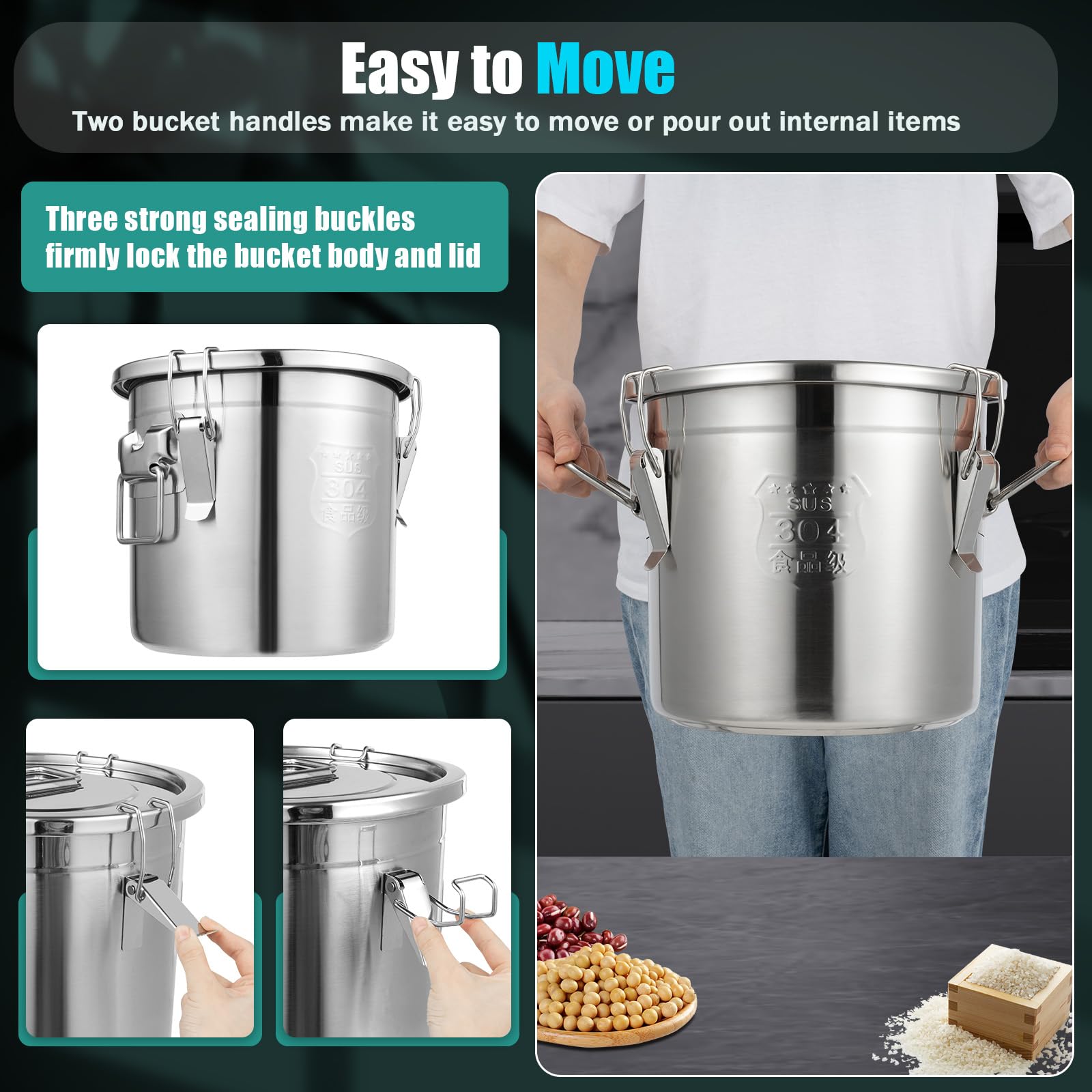 Beaccoss 304 Stainless Steel Airtight Canister for Kitchen, 3.2Gal/405oz Flour Container with Lids and Sturdy Locking Clamp, Metal Bucket Food Storage Containers for Rice Flour Coffee Bean Tea