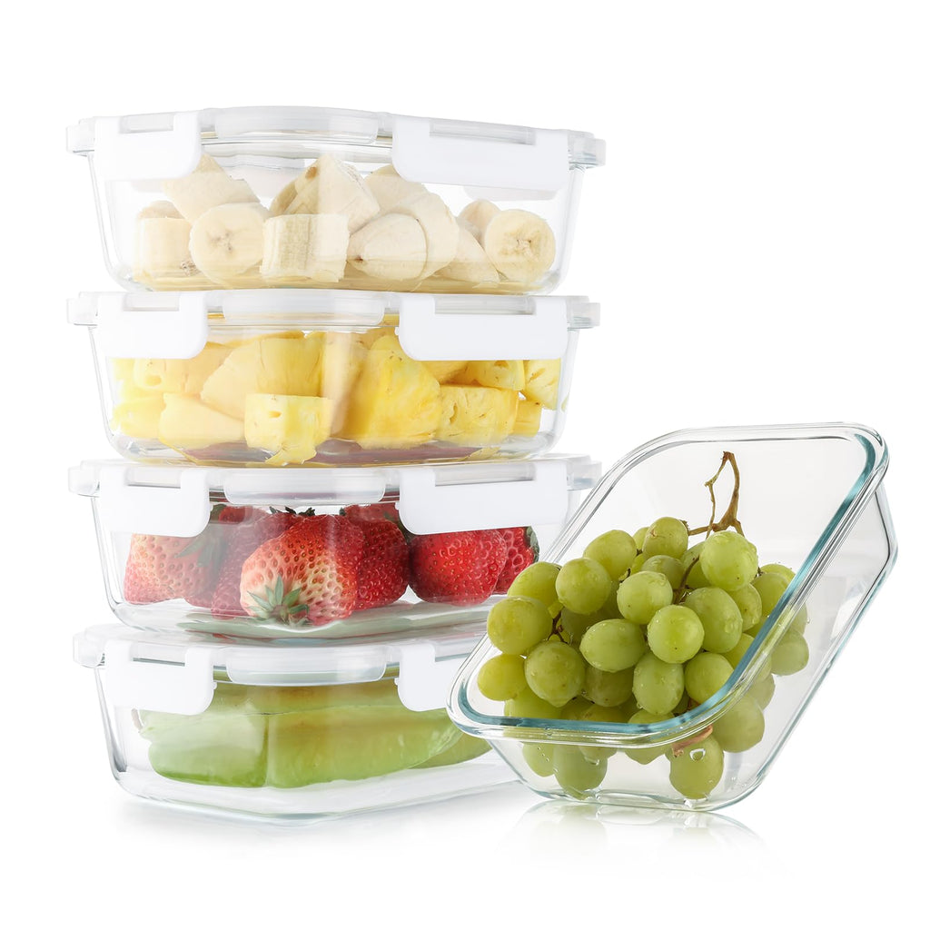 Cuiselect 5 Pack 36 Oz Glass Meal Prep Containers with Lids, Reusable Glass Food Storage Containers with Lids, Leak Proof, Microwave, Oven, Freezer and Dishwasher Safe (White)