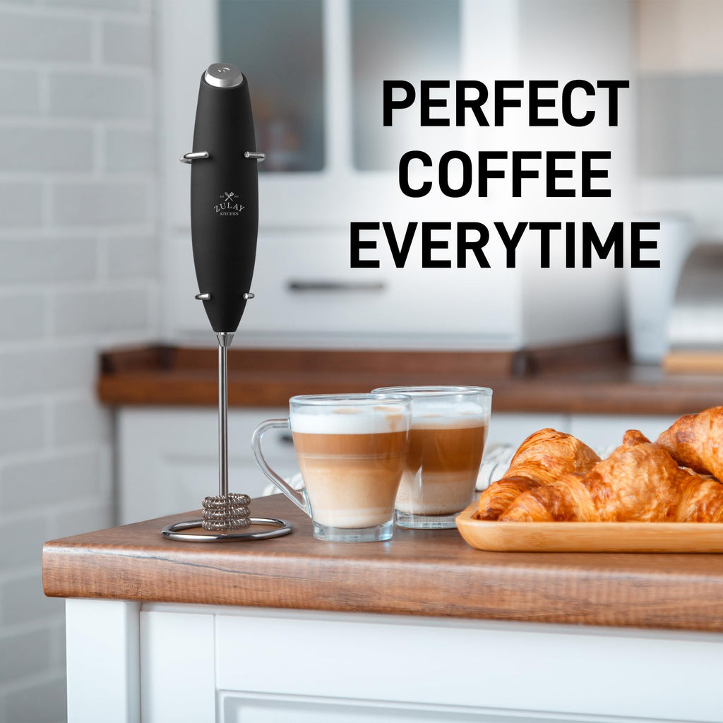 Zulay Kitchen Powerful Milk Frother Wand With Duracell Batteries - Ultra Fast Handheld Drink Mixer - Electric Whisk Foam Maker for Coffee, Lattes, Cappuccino & Matcha - Triple Whisk - Black