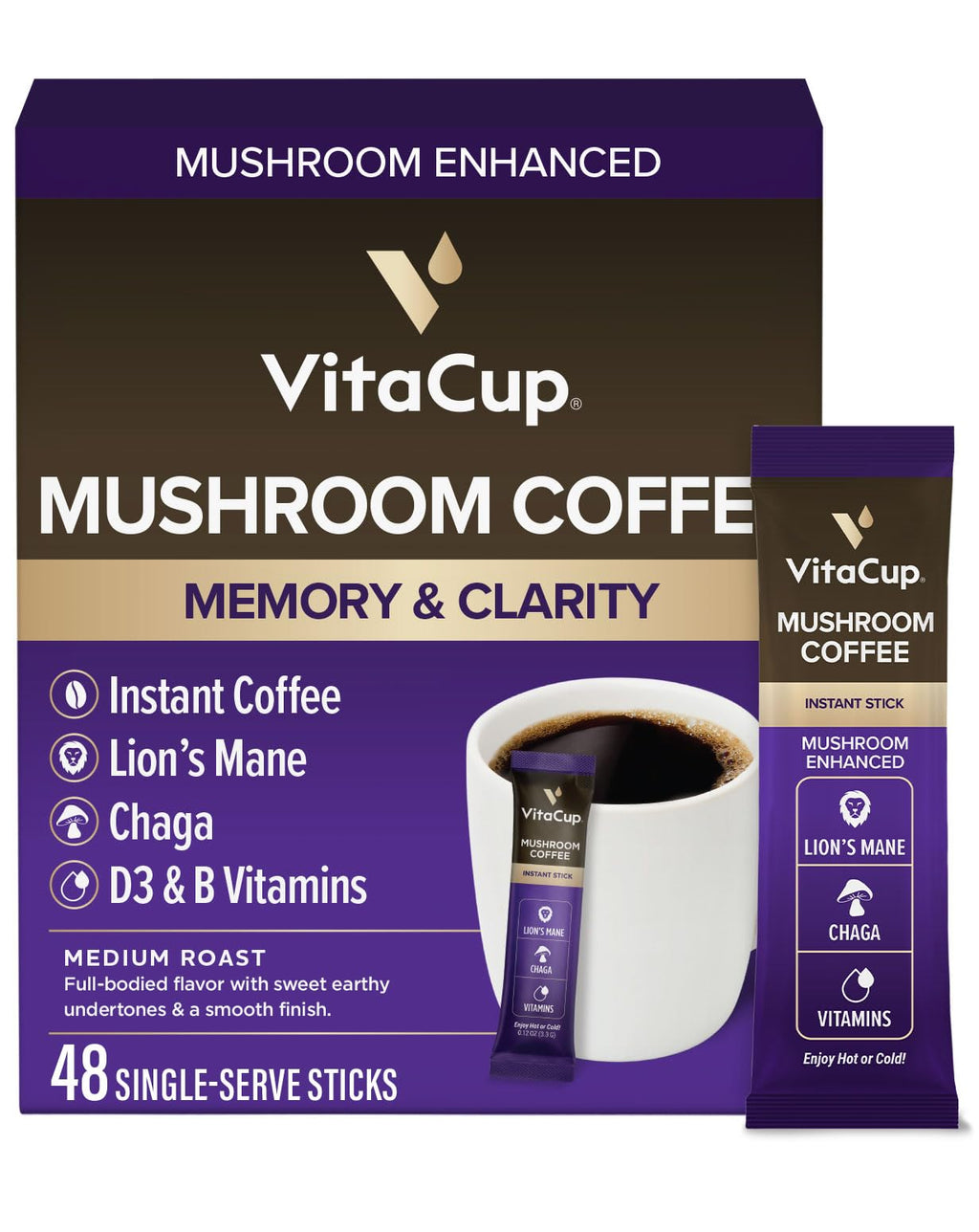 VitaCup Mushroom Medium Roast Coffee Instant Packets, 48ct