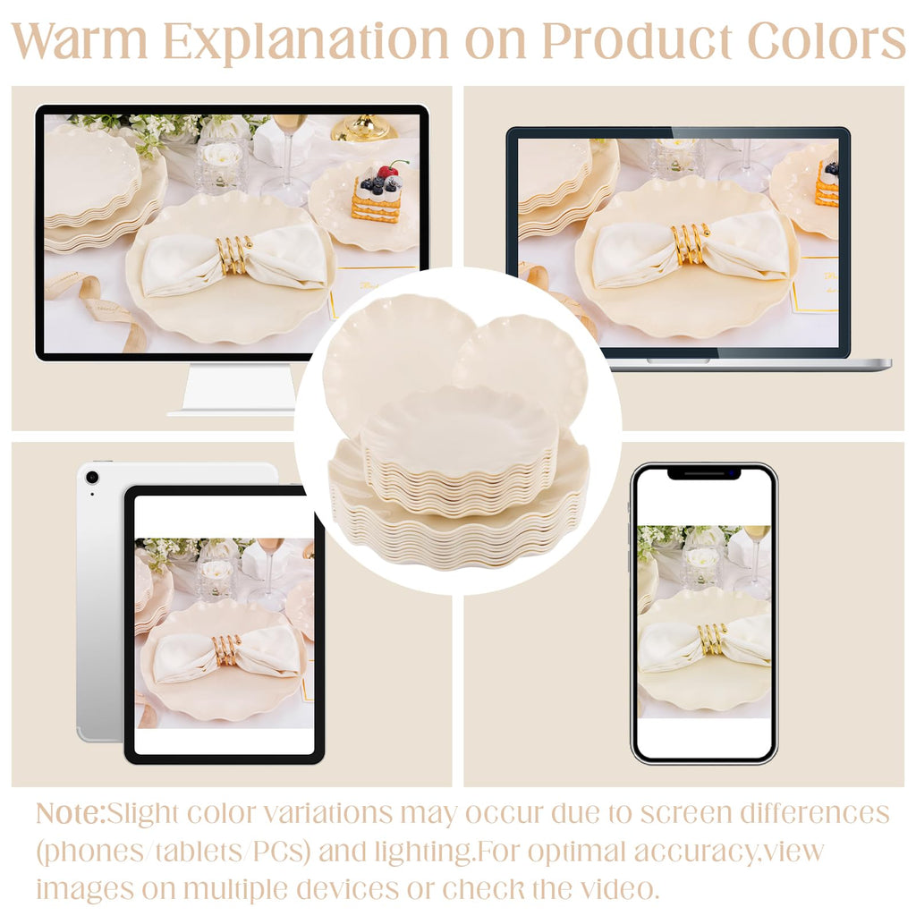 LIYH 24 Pcs Plastic Plates Reusable,Unbreakable Dinner Plates, Scalloped Plastic Plates, Dishwasher Safe,Ivory Plate Sets Perfect for Parties, Birthday, Picnics, BPA Free(12Guests)