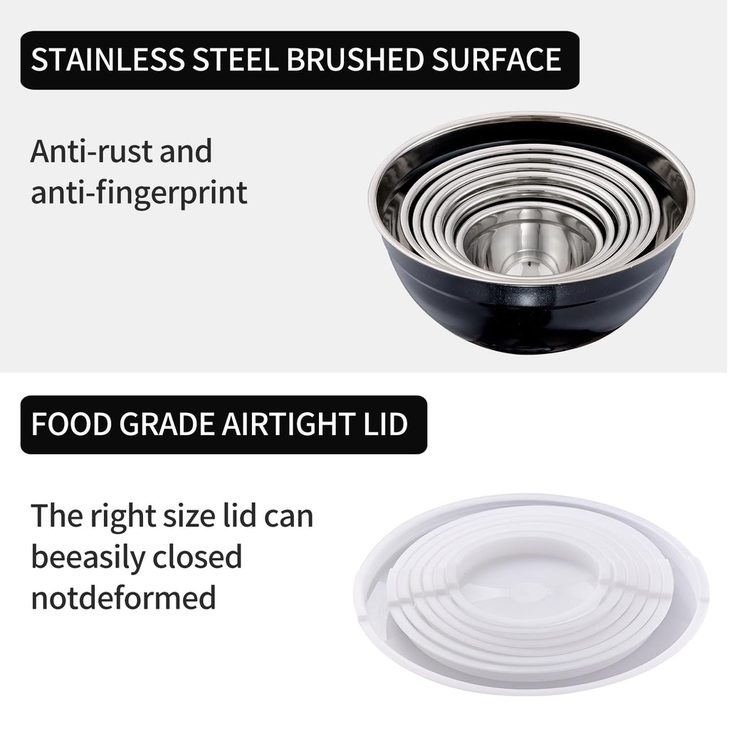 LKTDYMEG Black Mixing Bowls with Lids Set of 7, Stainless Steel Nesting Bowl with Khaki Lid for Non-slip Mixing Prepping Storing Serving, 7 Sizes-7/3.6/2.7/2.1/1.5/1/0.8 QT