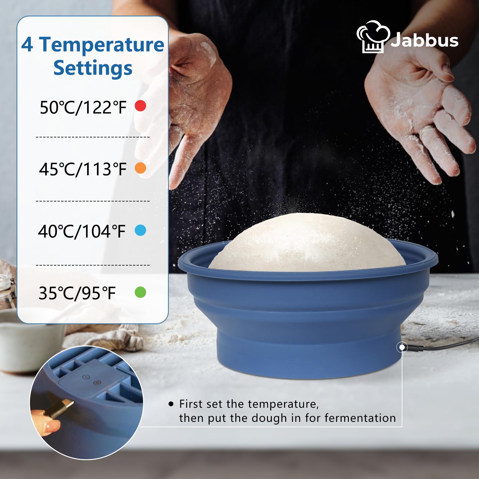 Jabbus Electric Heating Bread Proofing Basket, Sourdough Starter Warmer - 4 Heat Settings, Foldable 9-Inch Sourdough Starter Kit, Banneton Sourdough Bread Baking Supplies