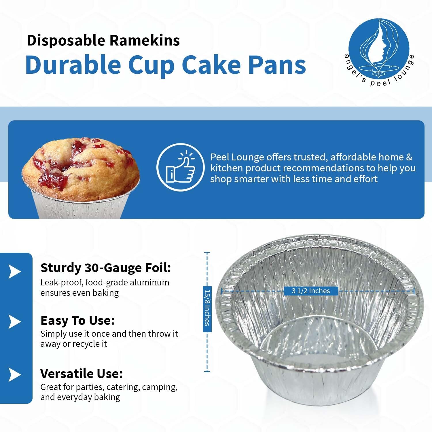 Angel's Peel Lounge Disposable Ramekins - Durable cup cake pans for baking - Aluminum Foil Ramekin for Tart, Appetizer-Utility, Muffin, Souffle, or Creme Brulee – 4 oz – pack of 50