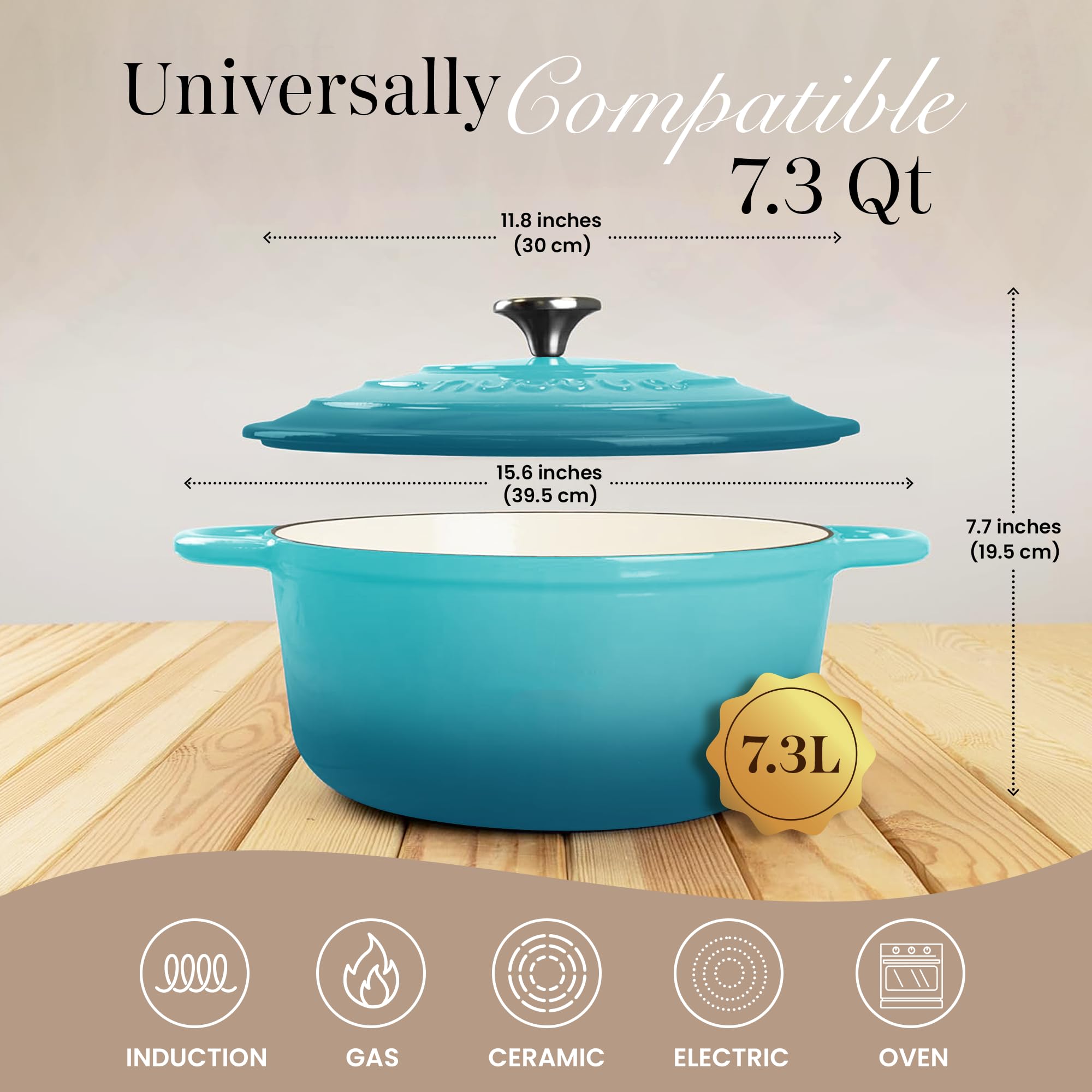 Cast Iron Dutch Oven with Lid-Non-Stick Ovenproof Enamelled Casserole Pot - Sturdy Dutch Oven Cookware-Teal, 7.3- Quart, 30cm- by Nuovva