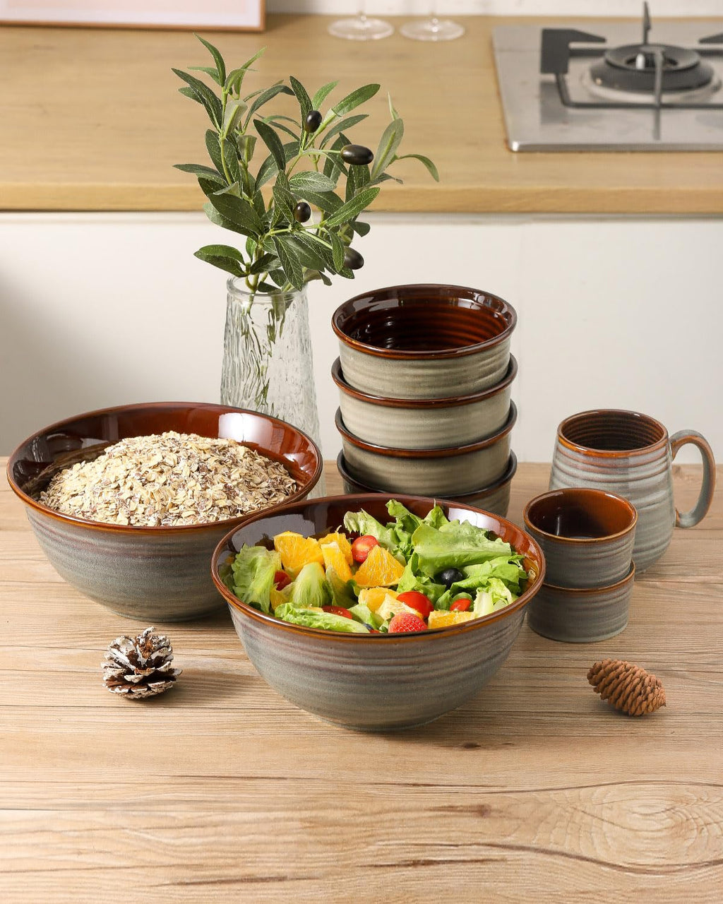 Hasense Serving Bowls, 84 Ounce Ceramic Serving Dishes for Salad Pasta Soup Pho, 9 Inch Mixing Bowls for Baking, Cooking, Kitchen, Party，Dinner, Microwave Dishwasher Safe, Set of 2, Light Grey