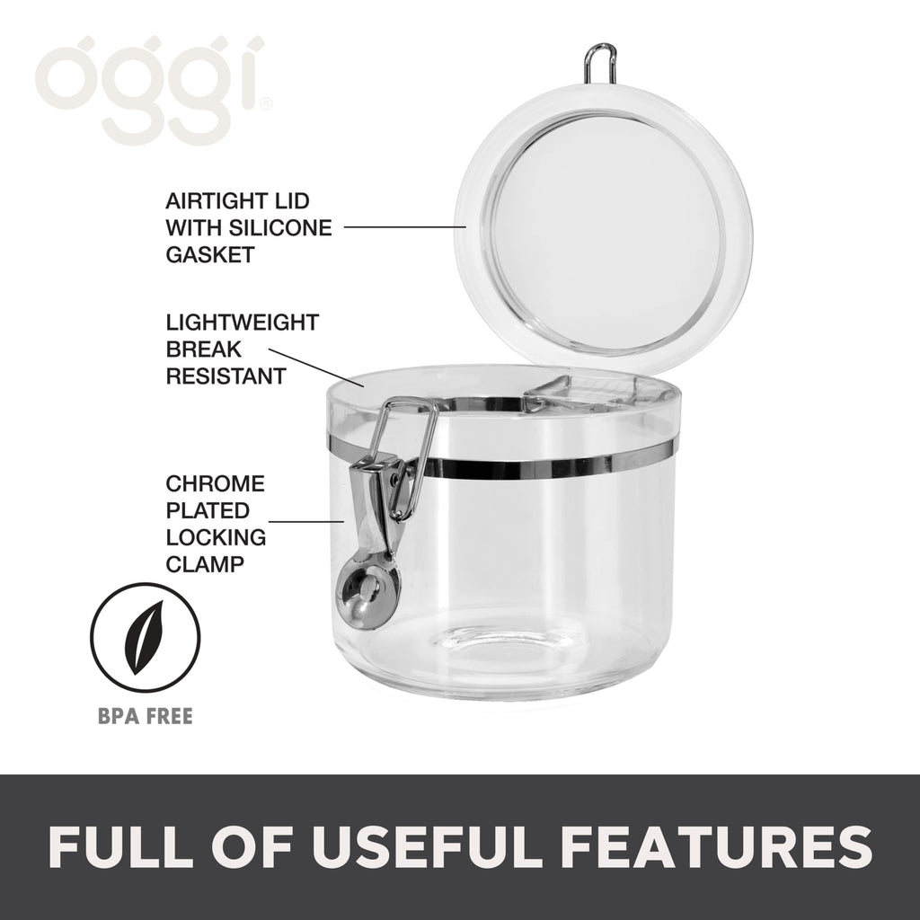 Oggi Clear Canister with Clamp Lid, 28 oz - Large Airtight Food Storage Container, for Kitchen & Pantry Storage of Bulk, Dry Foods Including Pasta, Flour, Sugar, Coffee, Rice, Tea, Spices & Herbs