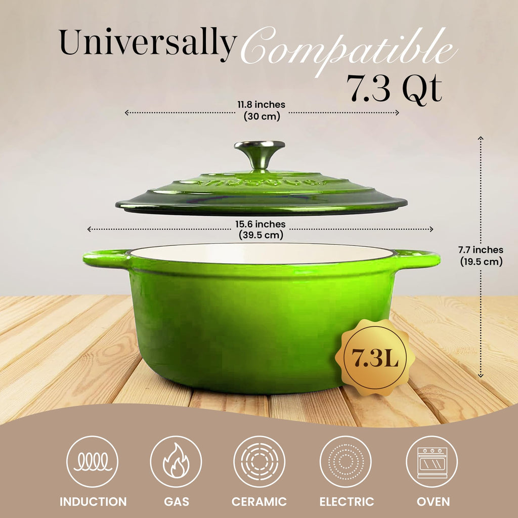 Cast Iron Dutch Oven with Lid-Non-Stick Ovenproof Enamelled Casserole Pot - Sturdy Dutch Oven Cookware - Green, 7.3- Quart, 30cm- by Nuovva