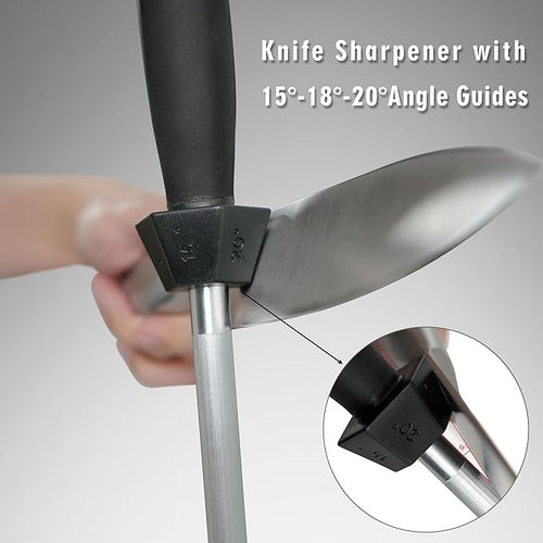 12-Inch Knife Sharpening Rod, Honing Steel with 15/18/20 Degree Guides
