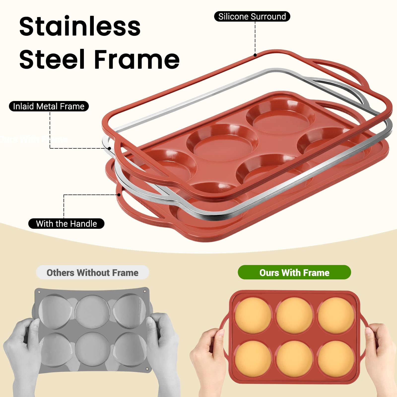 JOERSH Jumbo Silicone Muffin Top Pan with Metal Frame, 2 Pack, 4 Inch