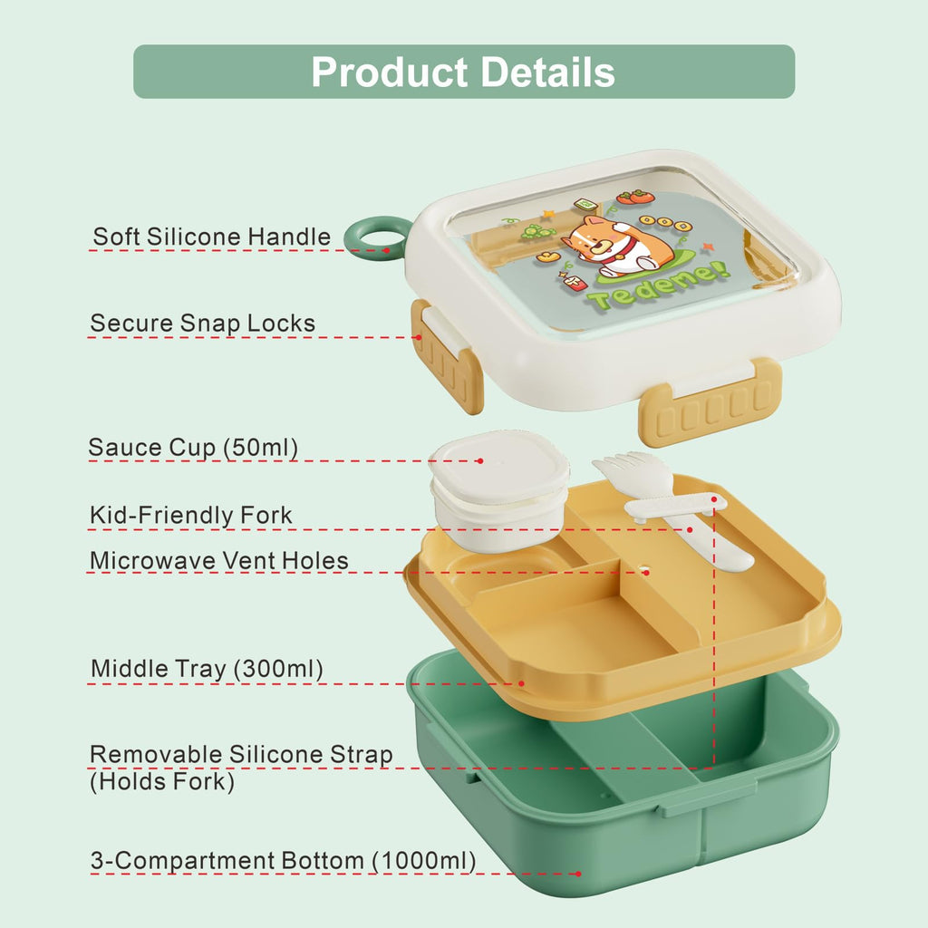 SAYAPE Bento Box for Kids Adults – Cute Cartoon 2-Layer Lunch Box with Fork, Sauce Cup & Brush, BPA-Free, 3-Compartment Square Snack Container with Handle for School, Office, or Travel (Purple)