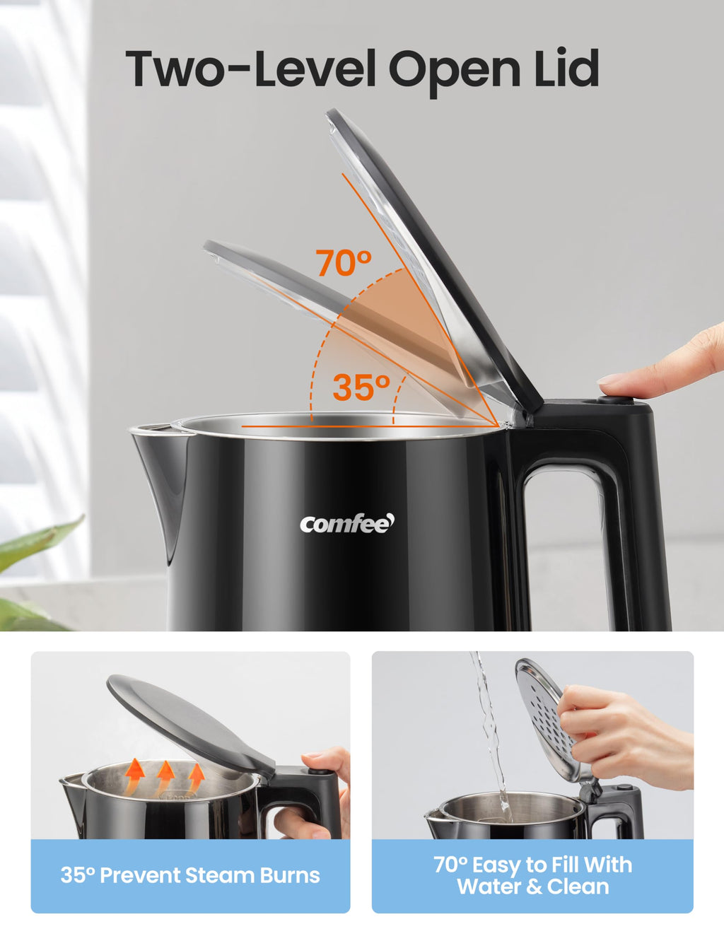 COMFEE Electric Kettle, 1.7L, Auto Shut-Off, 1500W, Black, stainless steel
