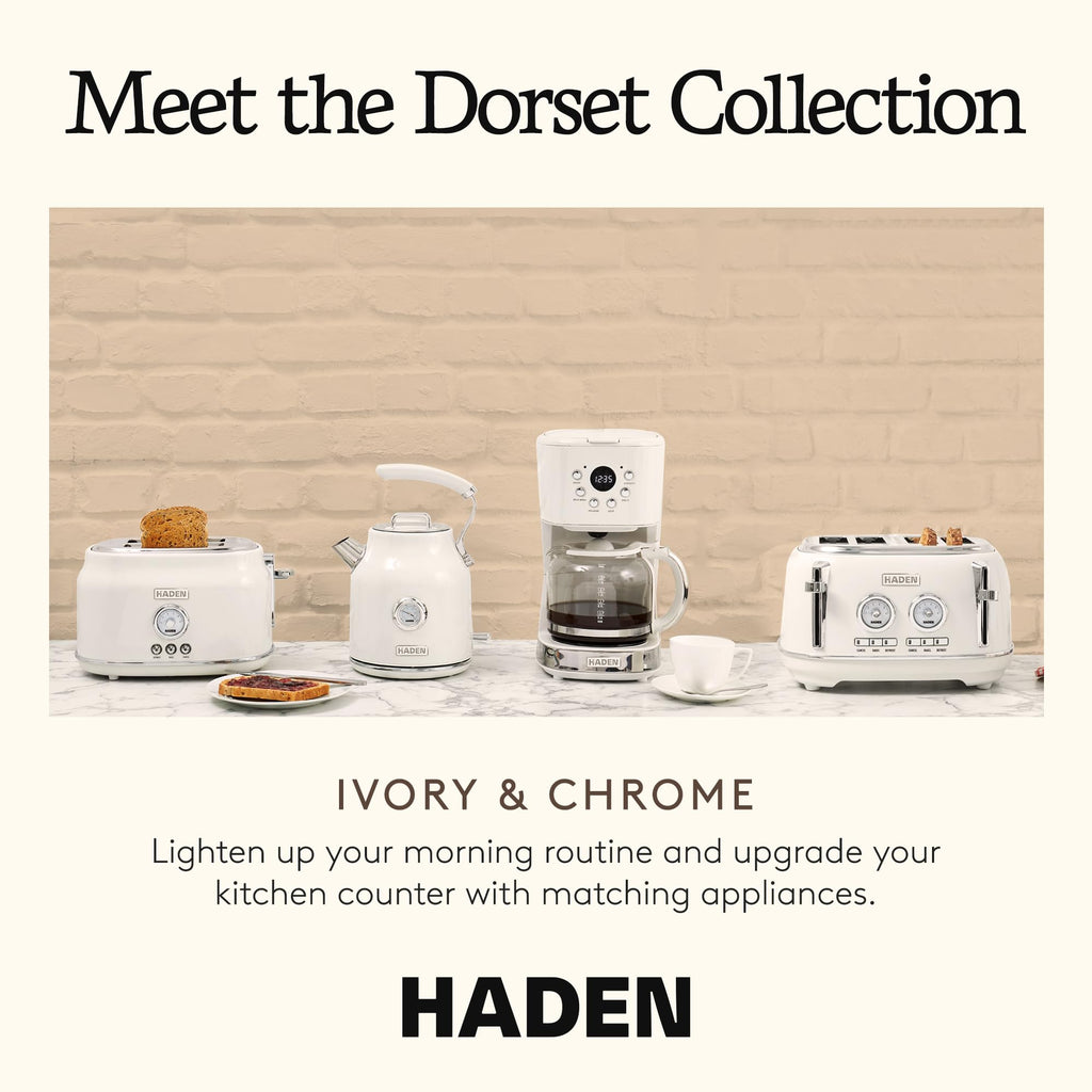 Haden Dorset 4 Slice Wide Slot Stainless Steel Toaster with Adjustable Browning Control & Non-Slip Feet, Ivory & Chrome