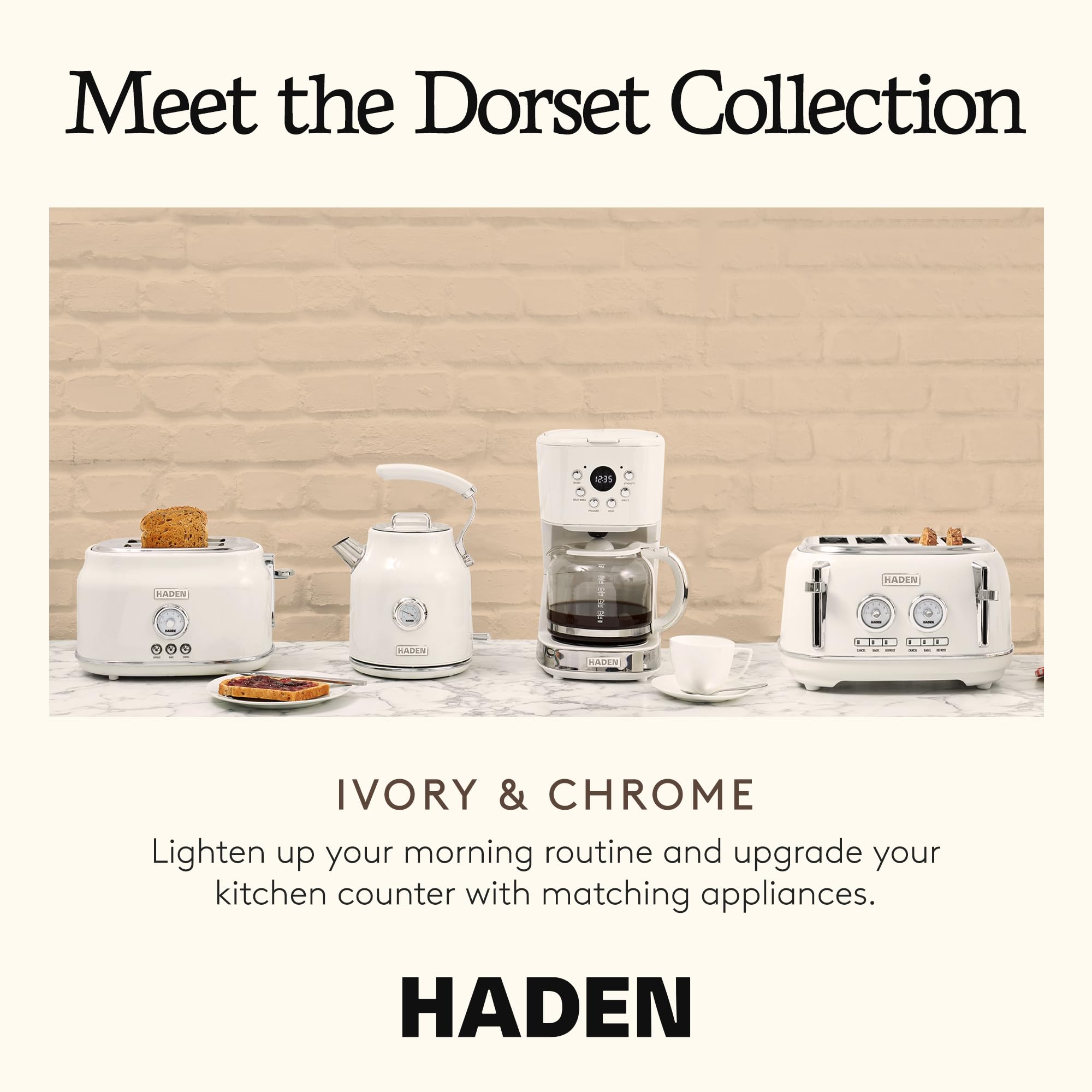 Haden Dorset 4 Slice Wide Slot Stainless Steel Toaster with Adjustable Browning Control & Non-Slip Feet, Ivory & Chrome