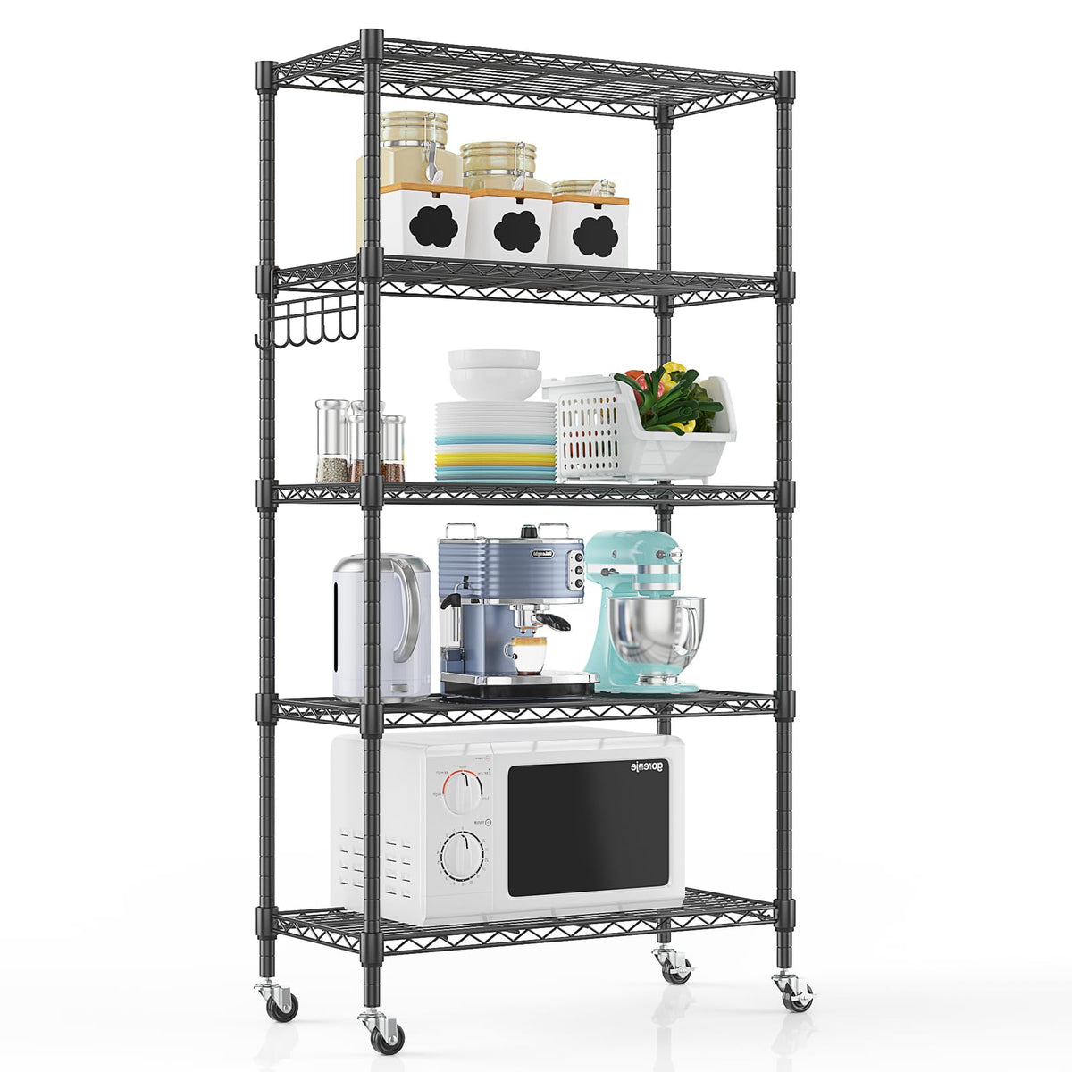 Himimi 72" H Storage Shelves 4 Tier Metal Shelving Adjustable Wire Shelf with Wheels, Heavy Duty Shelving for Garage Kitchen Pantry Bathroom Laundry 18" D*48" W*72" H, Black