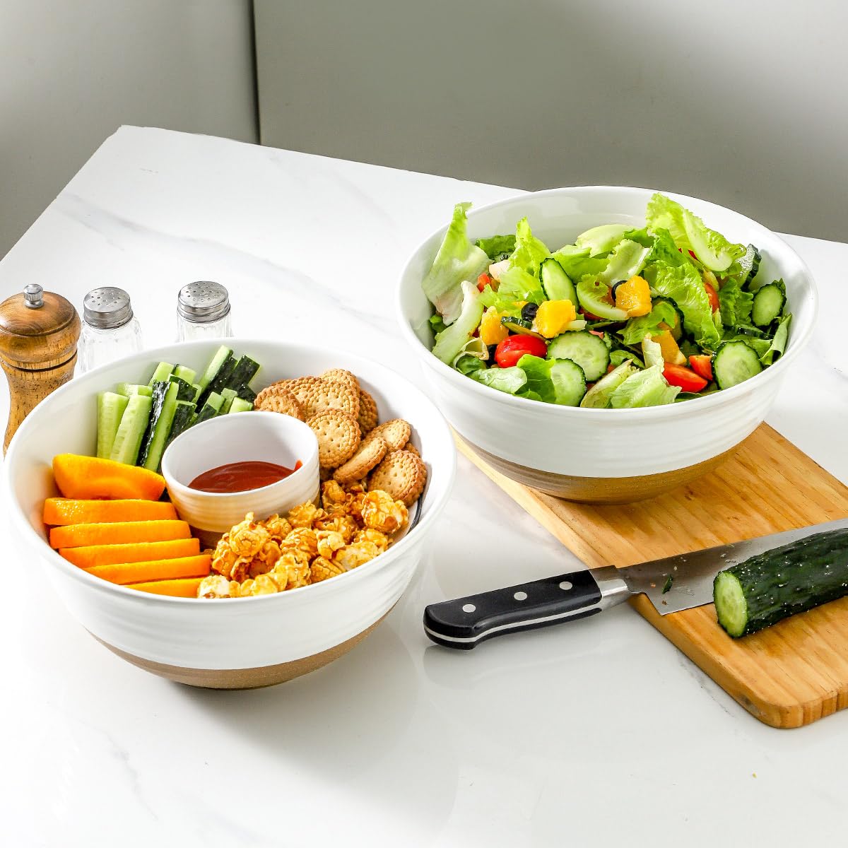 HASENSE Large Ceramic Serving Bowls Set of 2, 84 Oz 9 Inch White & Terracotta Stoneware Mixing Bowls, Farmhouse Bowls for Salad, Baking, Popcorn & Side Dishes, Dishwasher & Microwave Safe